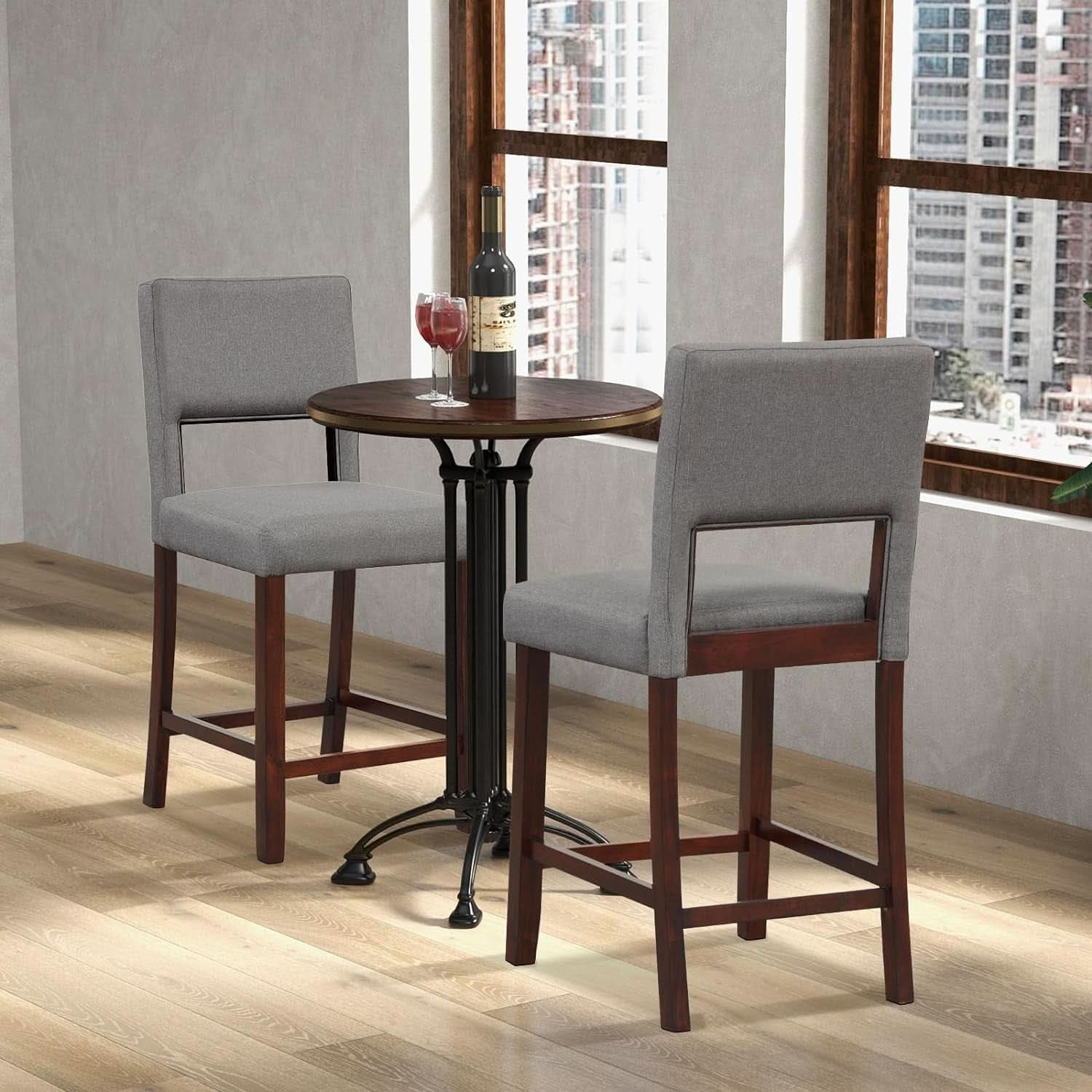 24.5 Inch Counter Height Bar Stools Set Of 2 Grey Upholstered Backrest With Rubber Wood Legs