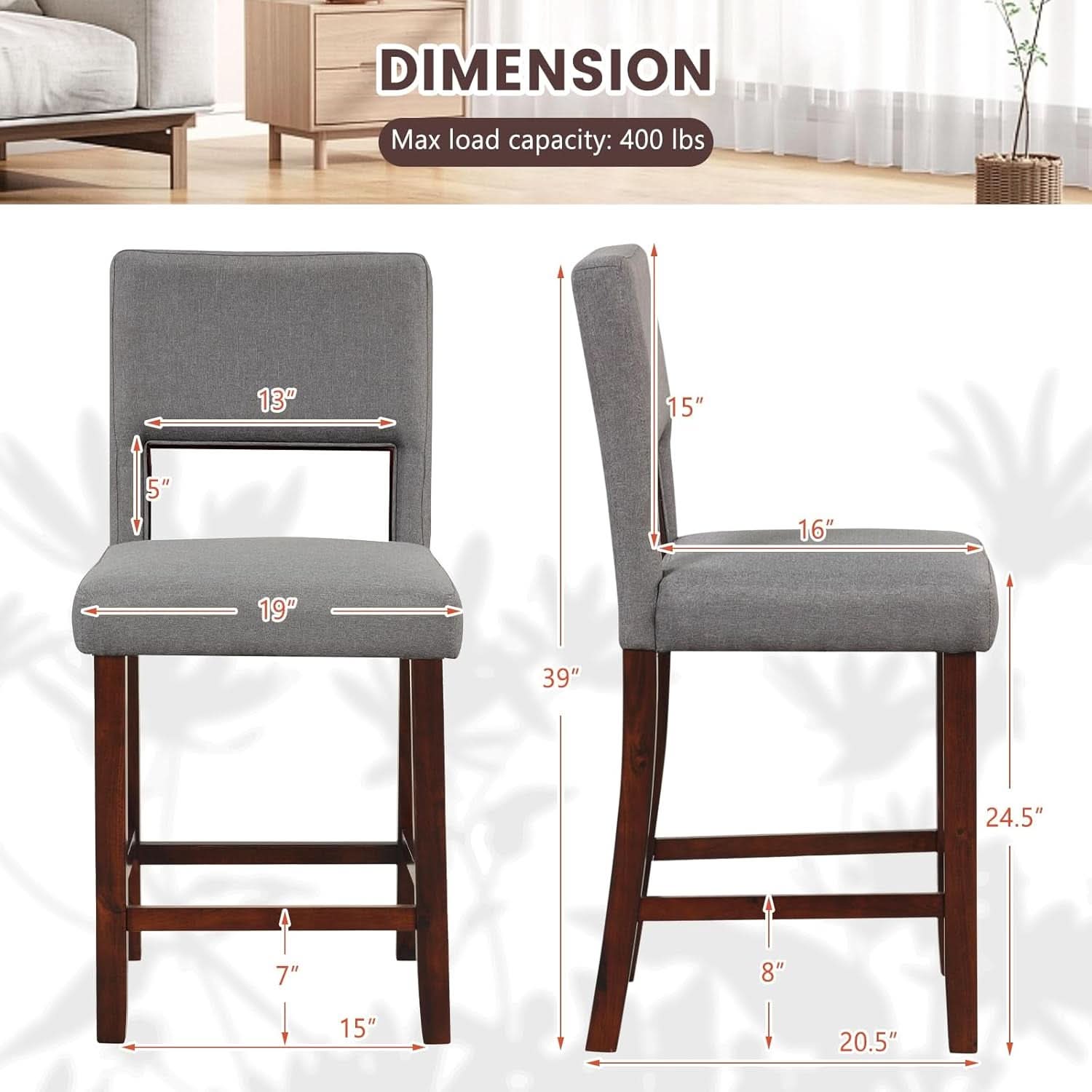 24.5 Inch Counter Height Bar Stools Set Of 2 Grey Upholstered Backrest With Rubber Wood Legs