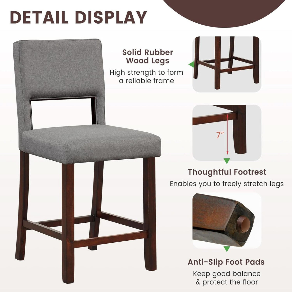 24.5 Inch Counter Height Bar Stools Set Of 2 Grey Upholstered Backrest With Rubber Wood Legs