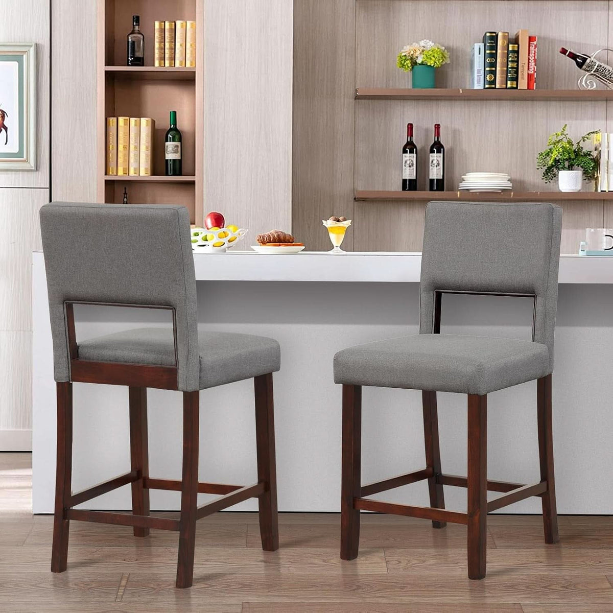 24.5 Inch Counter Height Bar Stools Set Of 2 Grey Upholstered Backrest With Rubber Wood Legs