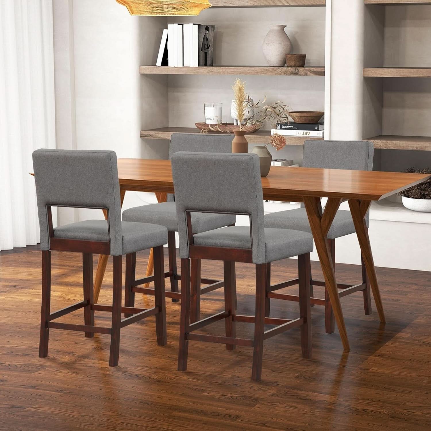 24.5 Inch Counter Height Bar Stools Set Of 2 Grey Upholstered Backrest With Rubber Wood Legs