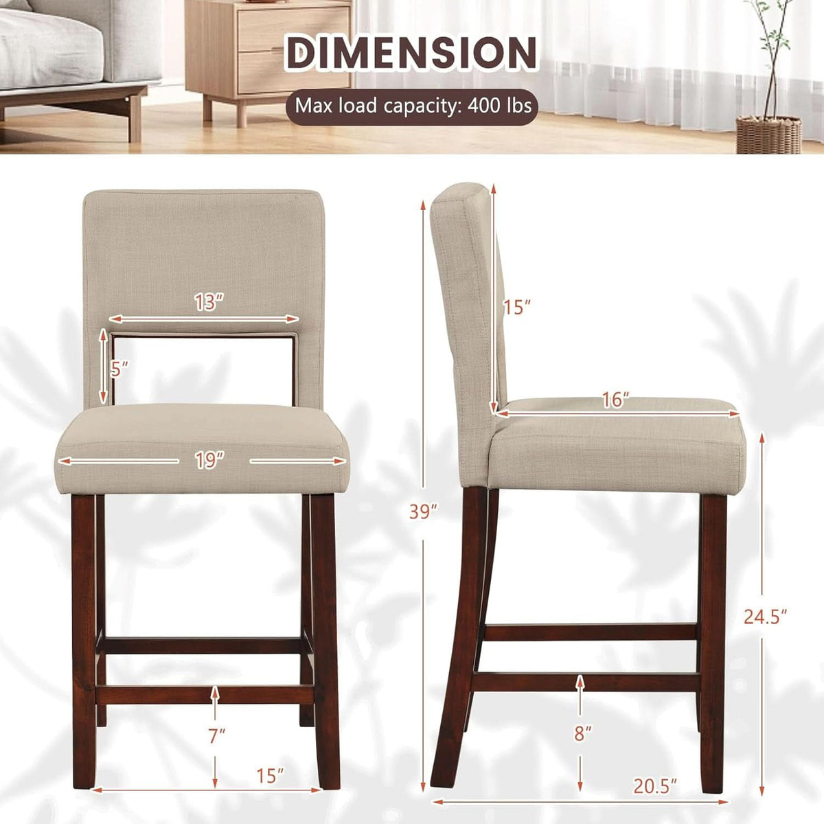 24.5 Inch Counter Height Bar Stools Set Of 4 With Back Upholstered Beige Linen For Kitchen Island
