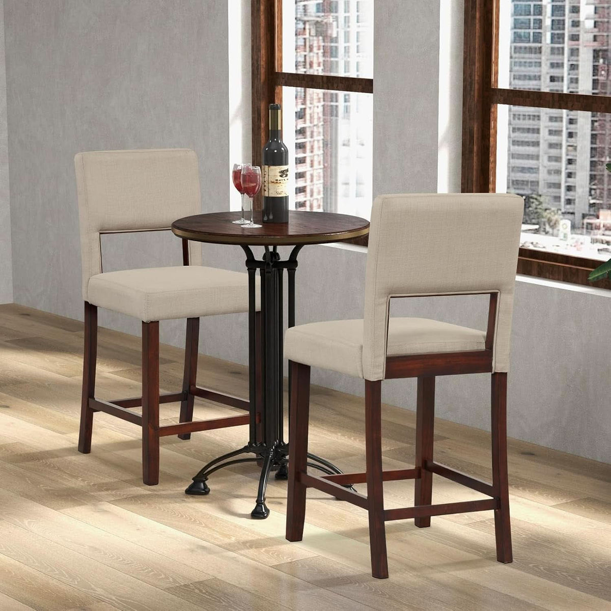 24.5 Inch Counter Height Bar Stools Set Of 4 With Back Upholstered Beige Linen For Kitchen Island