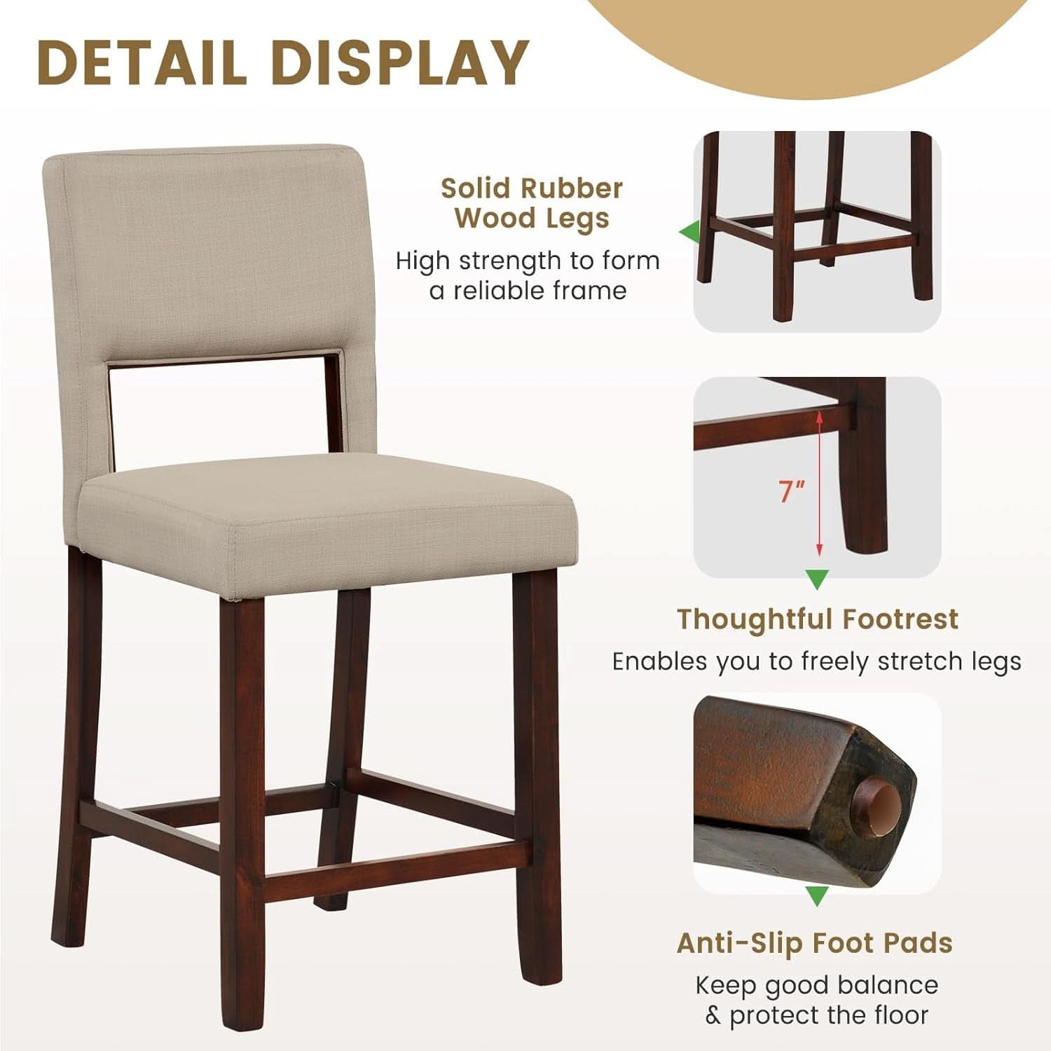 24.5 Inch Counter Height Bar Stools Set Of 4 With Back Upholstered Beige Linen For Kitchen Island
