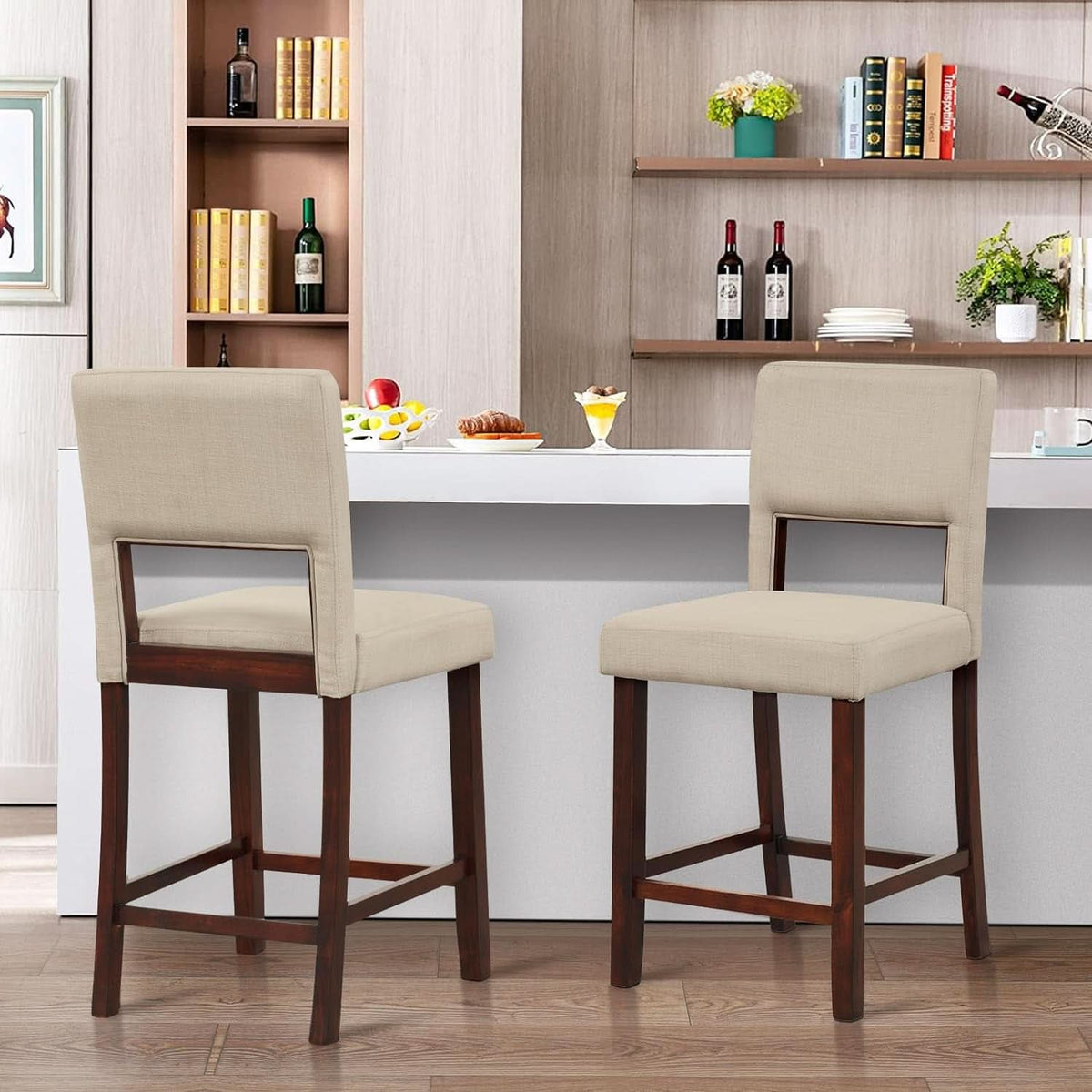 24.5 Inch Counter Height Bar Stools Set Of 4 With Back Upholstered Beige Linen For Kitchen Island