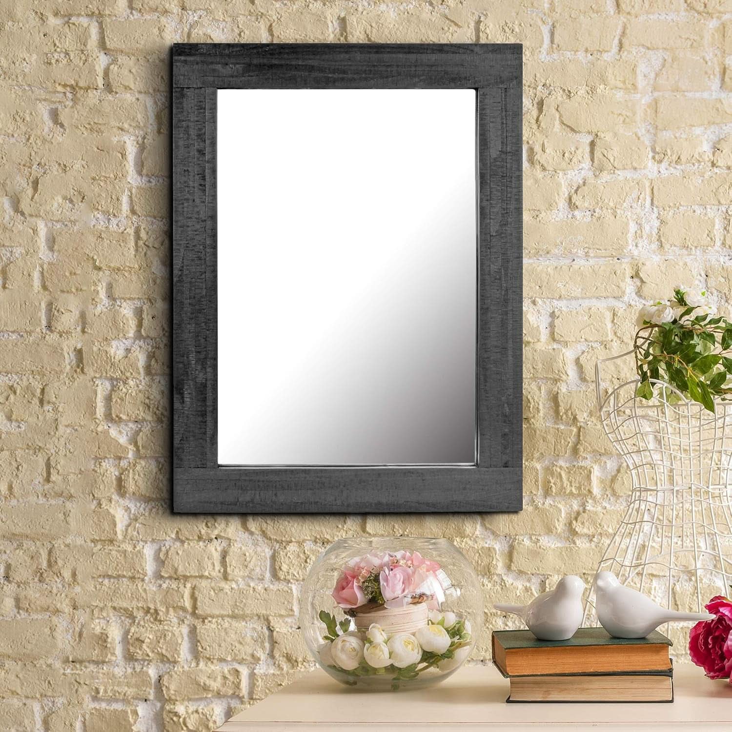 24x18 Inch Rectangle Black Wood Frame Wall Mirror With Attached Hanging Brackets Rustic Decor