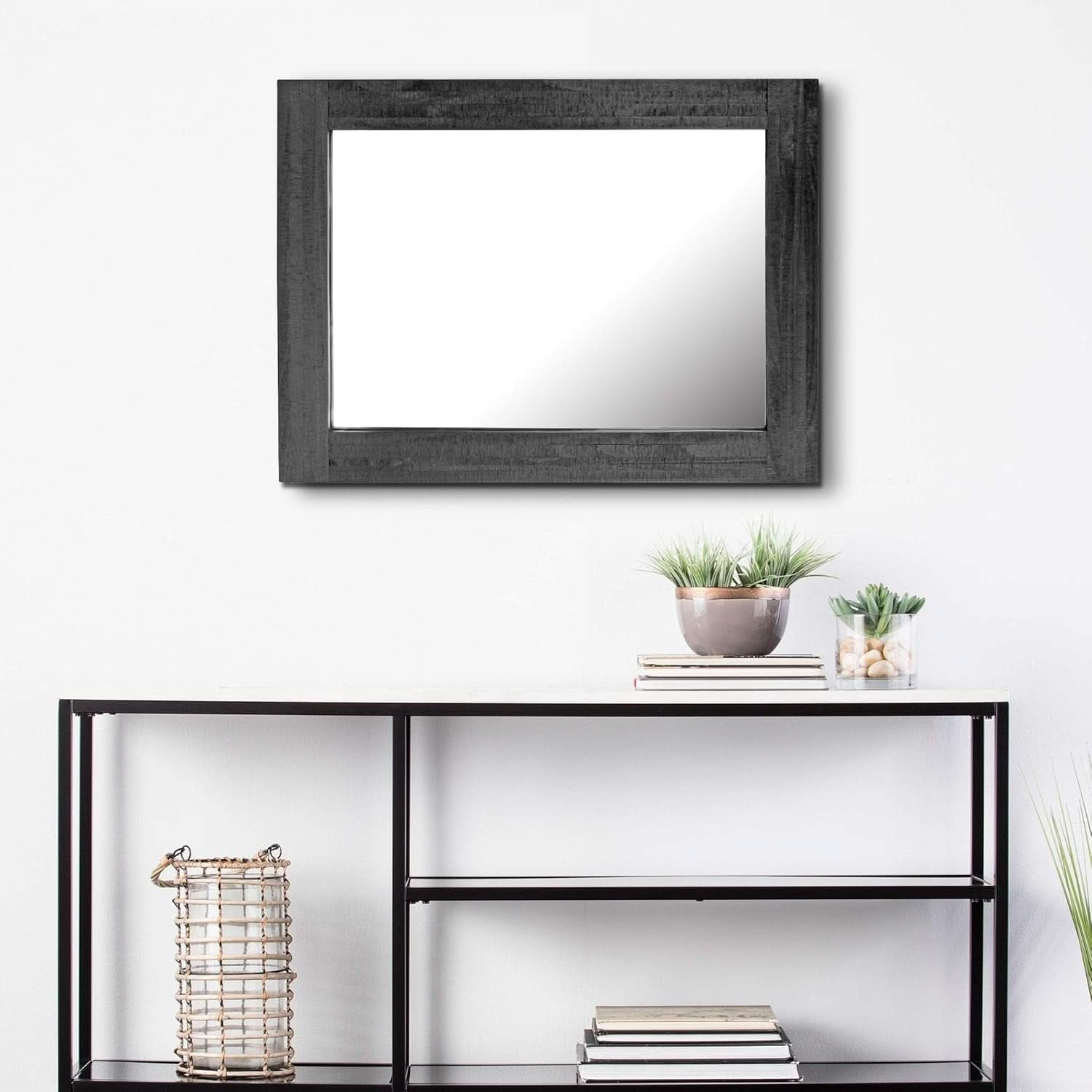 24x18 Inch Rectangle Black Wood Frame Wall Mirror With Attached Hanging Brackets Rustic Decor