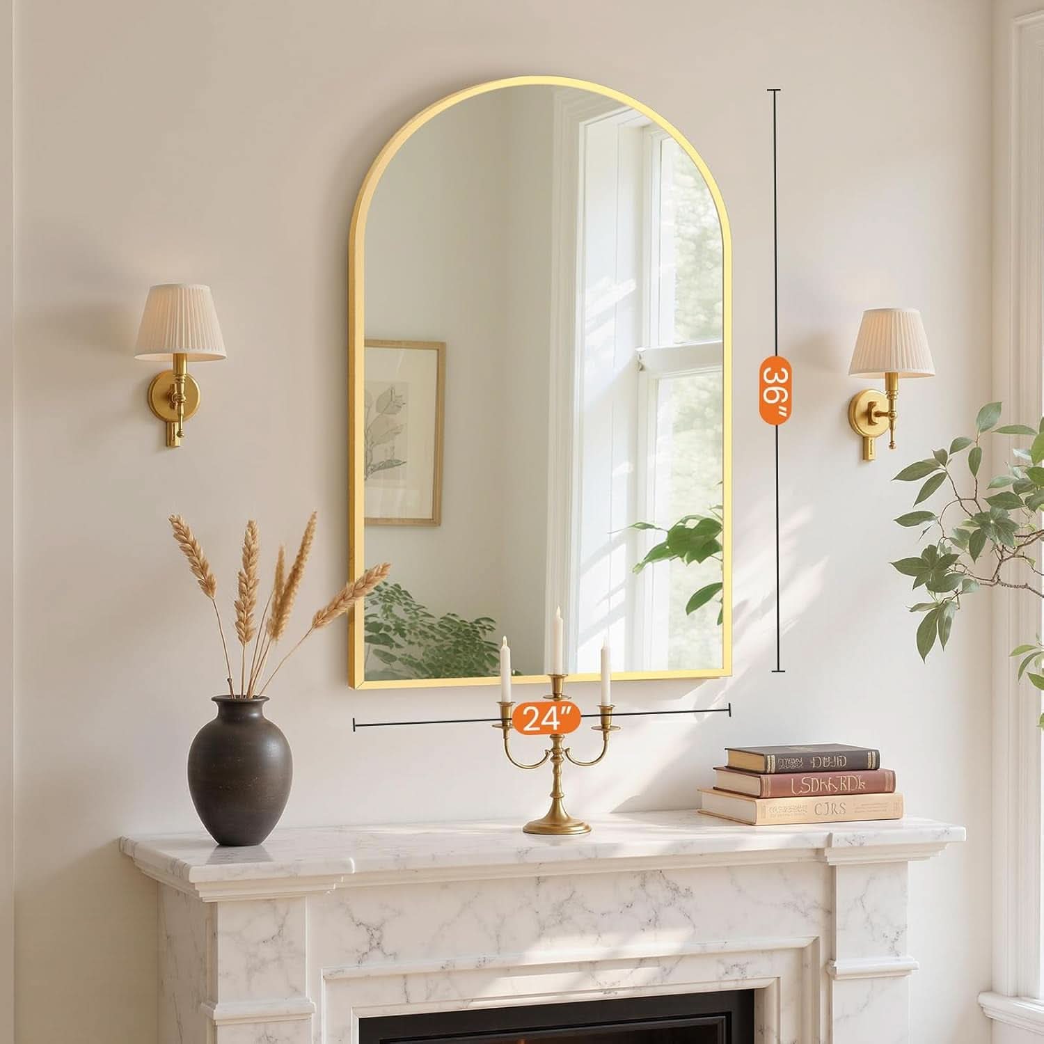 24x36 Arched Gold Bathroom Wall Mount Mirror Metal Frame