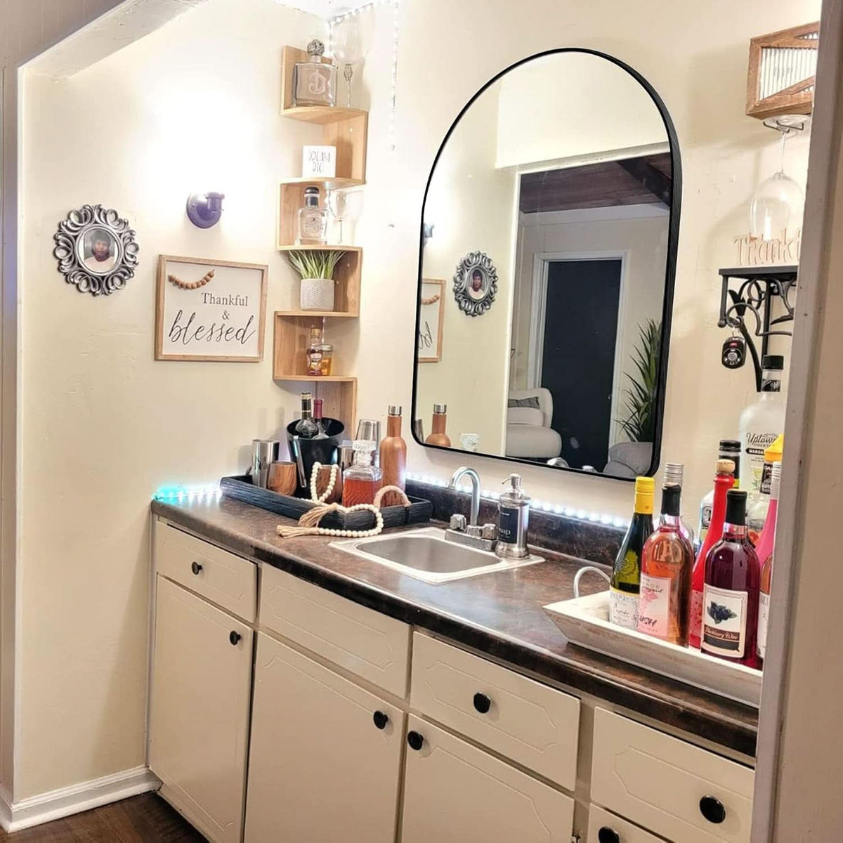 24x36 Inch Black Arched Wall Mounted Mirror With Brushed Metal Frame For Bathroom Vanity