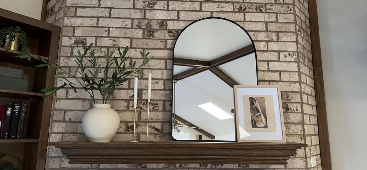 24x36 Inch Black Arched Wall Mounted Mirror With Brushed Metal Frame For Bathroom Vanity