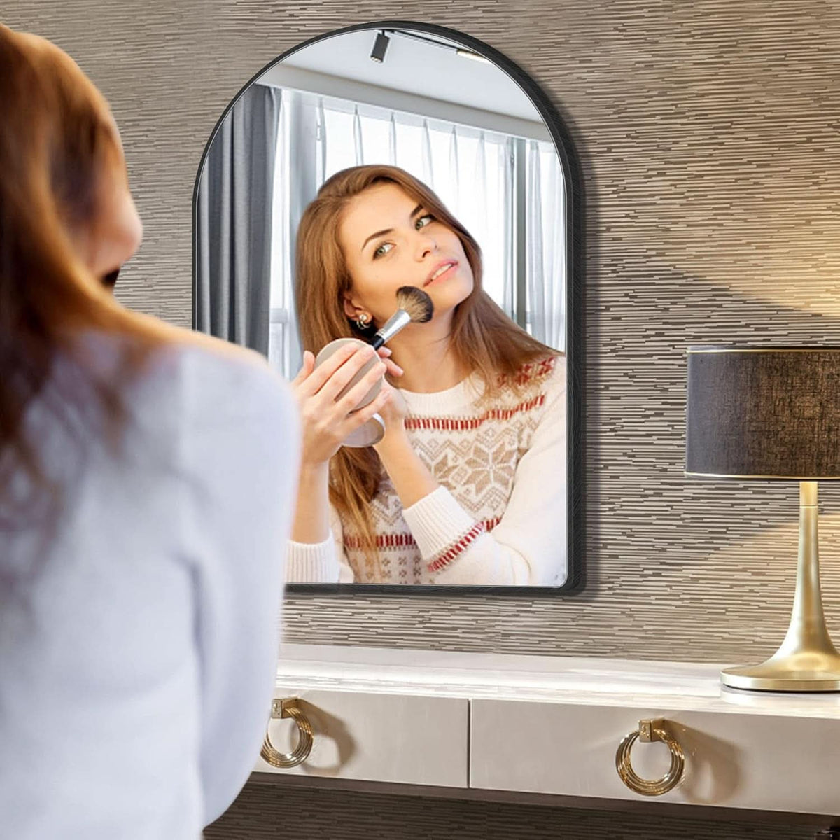 24x36 Inch Black Arched Wall Mounted Mirror With Brushed Metal Frame For Bathroom Vanity