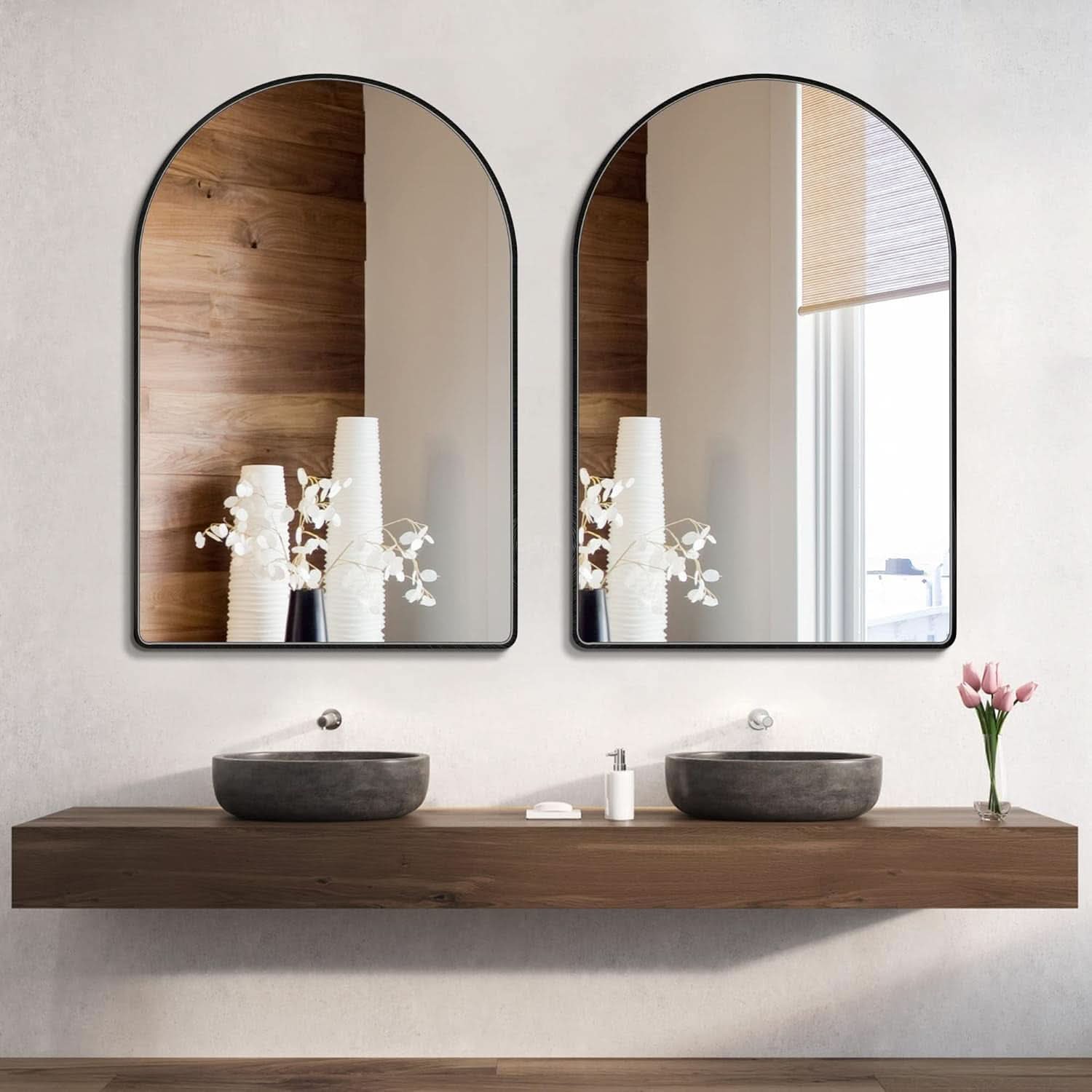 24x36 Inch Black Arched Wall Mounted Mirror With Brushed Metal Frame For Bathroom Vanity