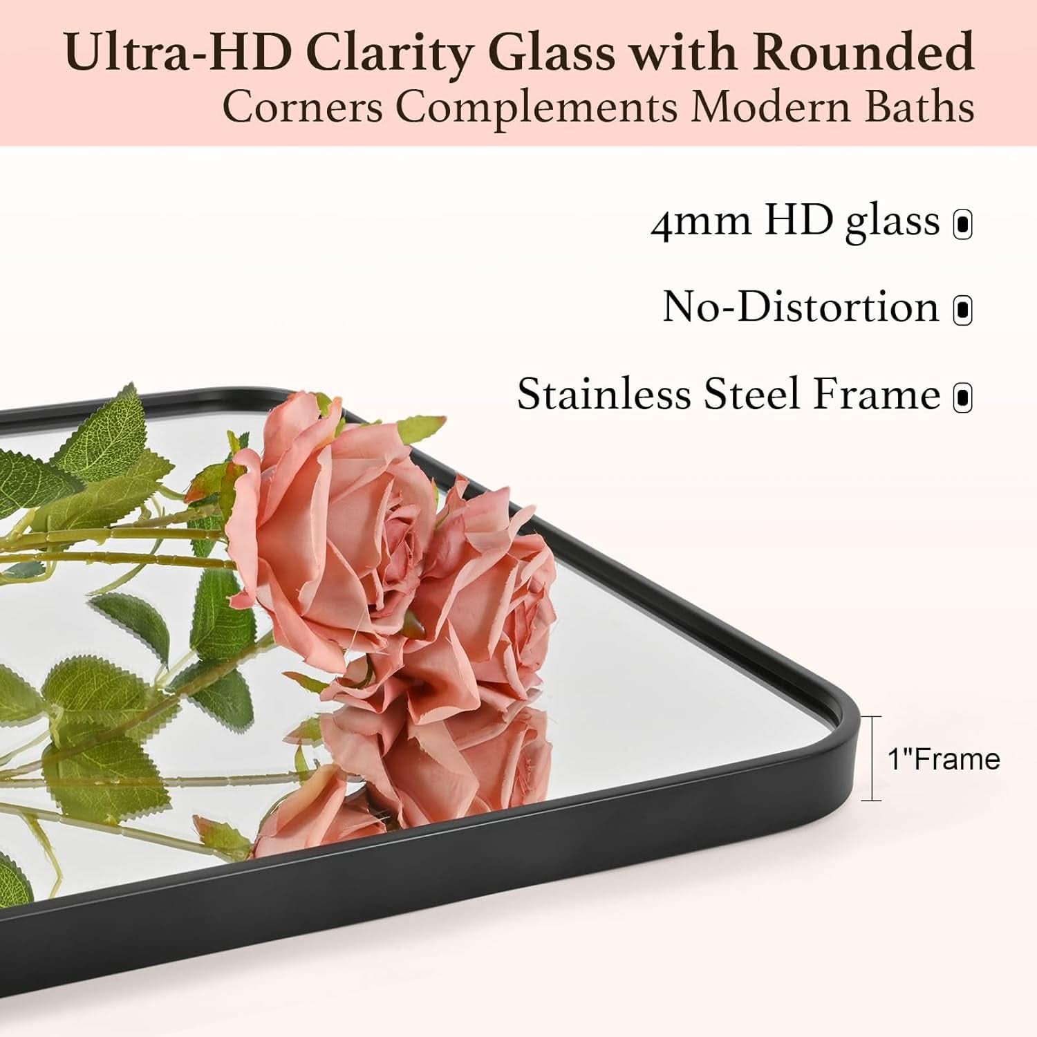 24x36 Inch Black Rounded Rectangle Bathroom Mirror With Anti Rust Stainless Steel Frame