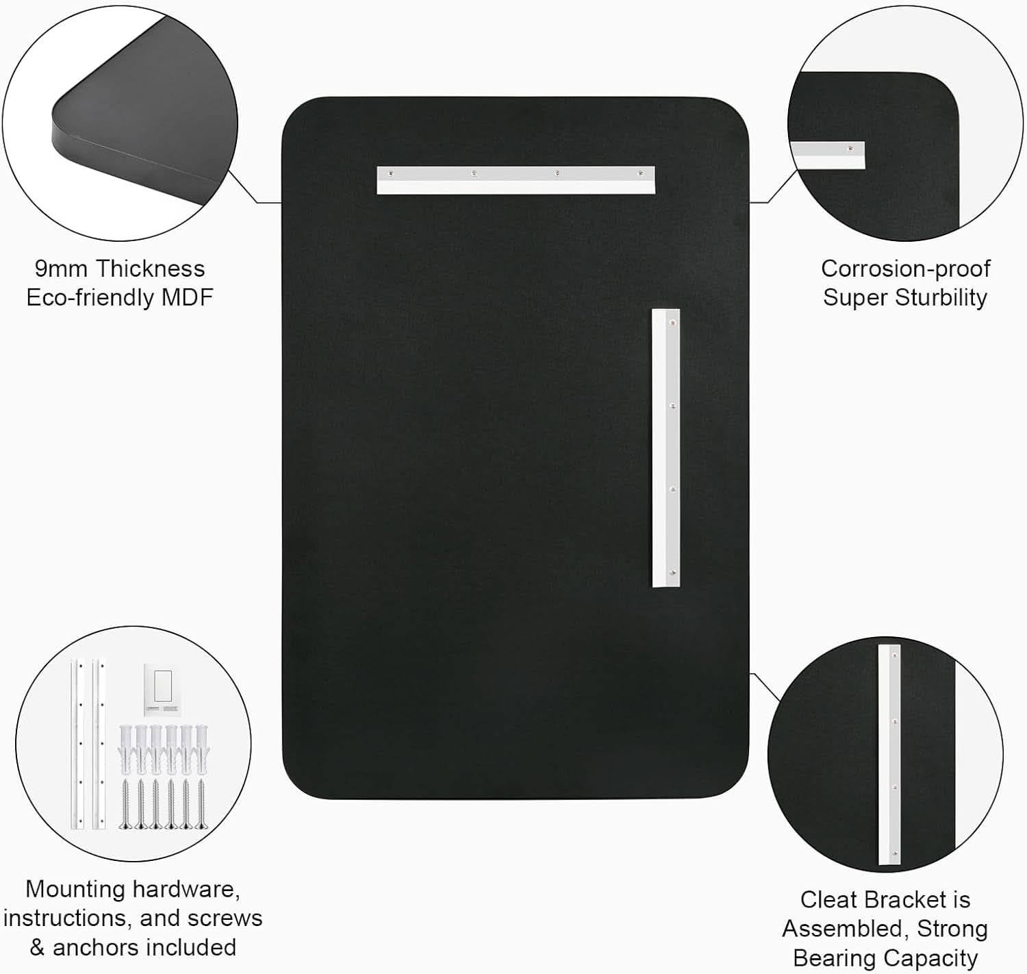 24x36 Inch Black Rounded Rectangle Bathroom Mirror With Anti Rust Stainless Steel Frame
