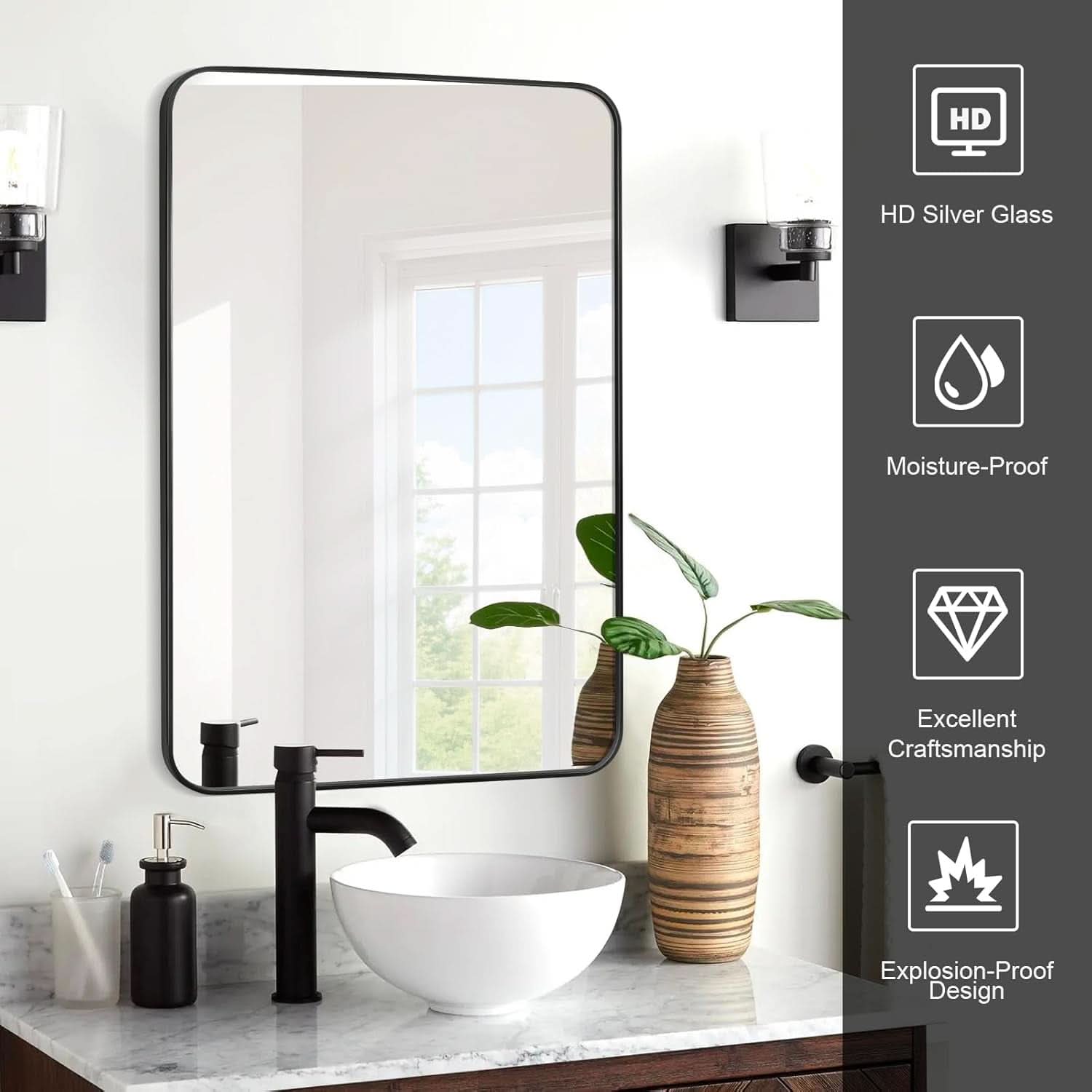 24x36 Inch Black Rounded Rectangle Bathroom Mirror With Anti Rust Stainless Steel Frame