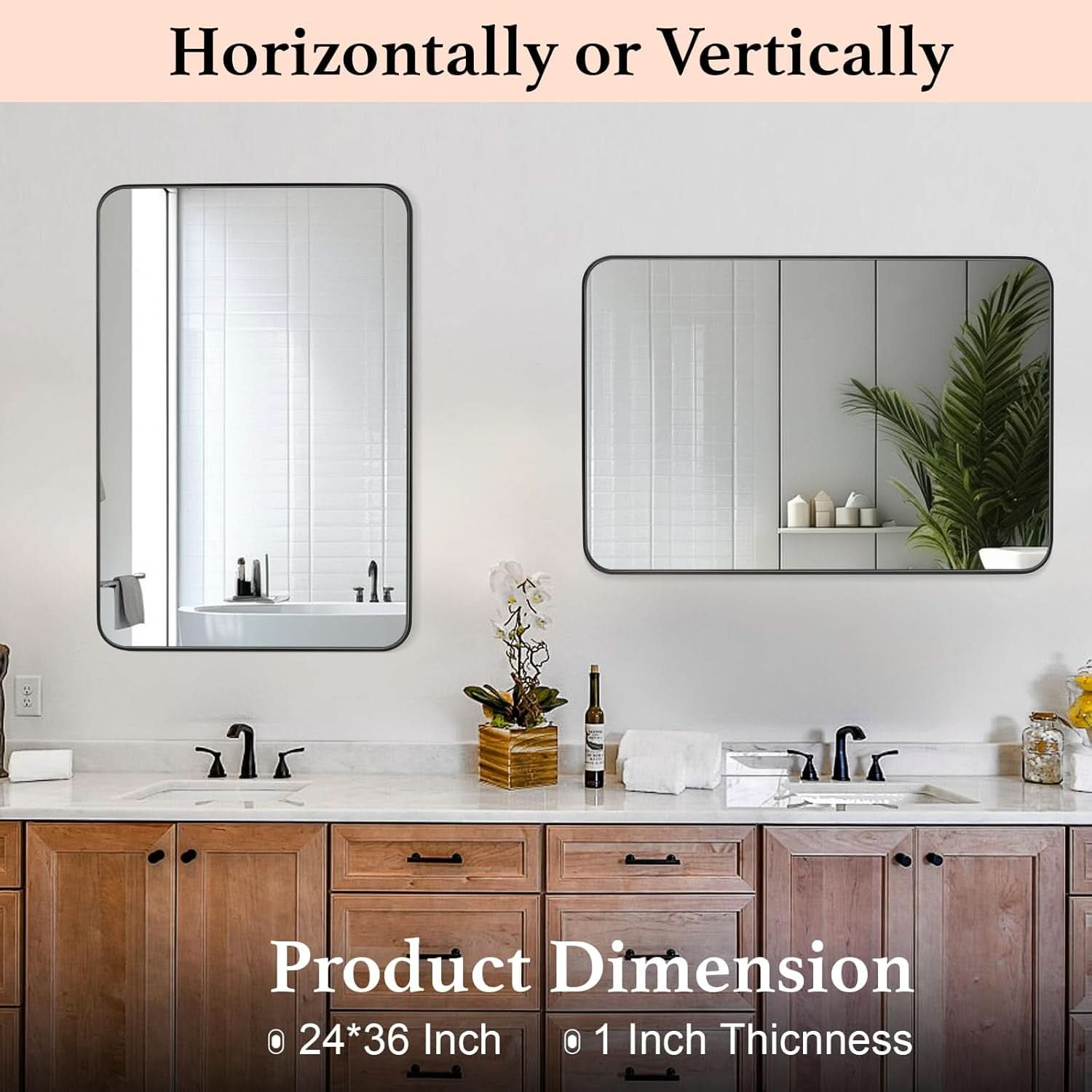24x36 Inch Black Rounded Rectangle Bathroom Mirror With Anti Rust Stainless Steel Frame
