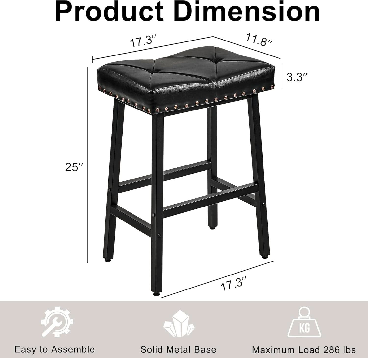 25 Inch Counter Height Bar Stools Set Of 2 In Black With PU Upholstered Saddle Seats For Comfort