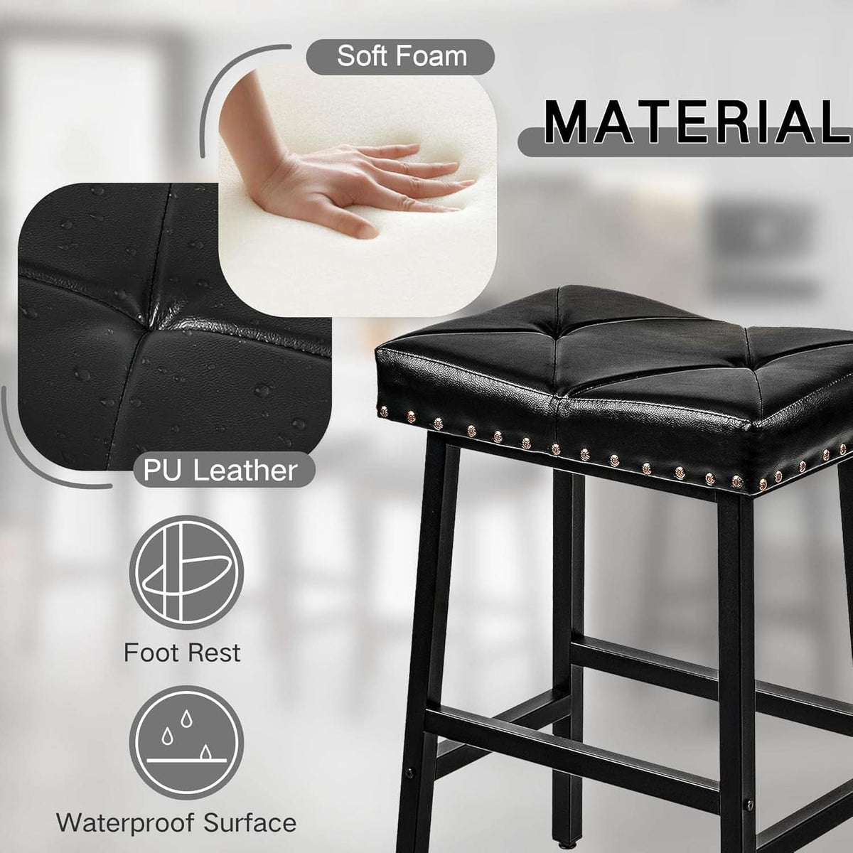 25 Inch Counter Height Bar Stools Set Of 2 In Black With PU Upholstered Saddle Seats For Comfort
