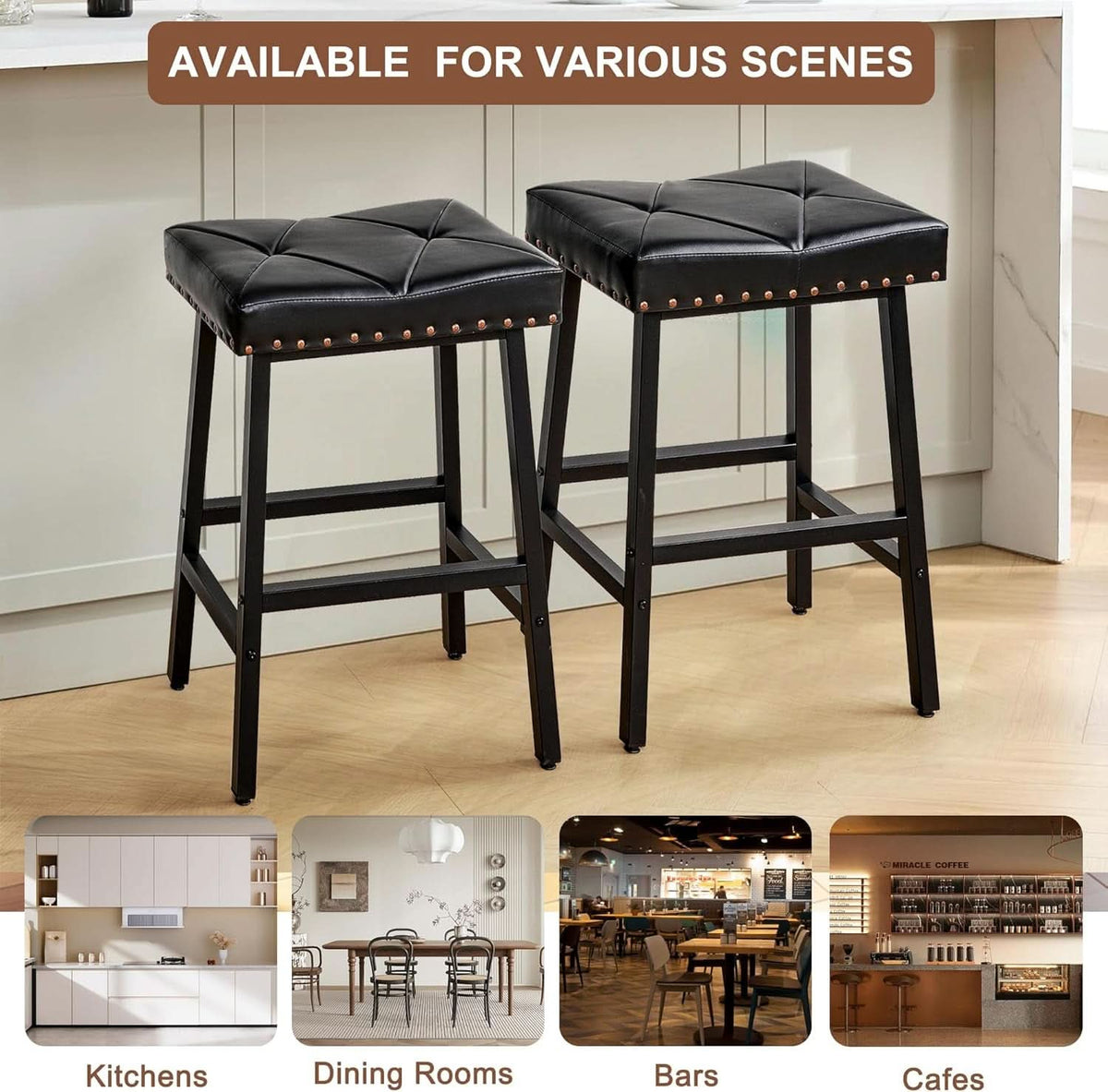 25 Inch Counter Height Bar Stools Set Of 2 In Black With PU Upholstered Saddle Seats For Comfort