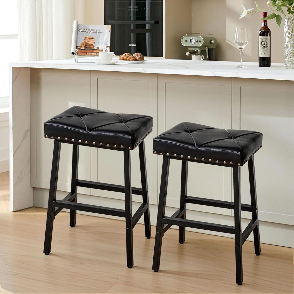 25 Inch Counter Height Bar Stools Set Of 2 In Black With PU Upholstered Saddle Seats For Comfort