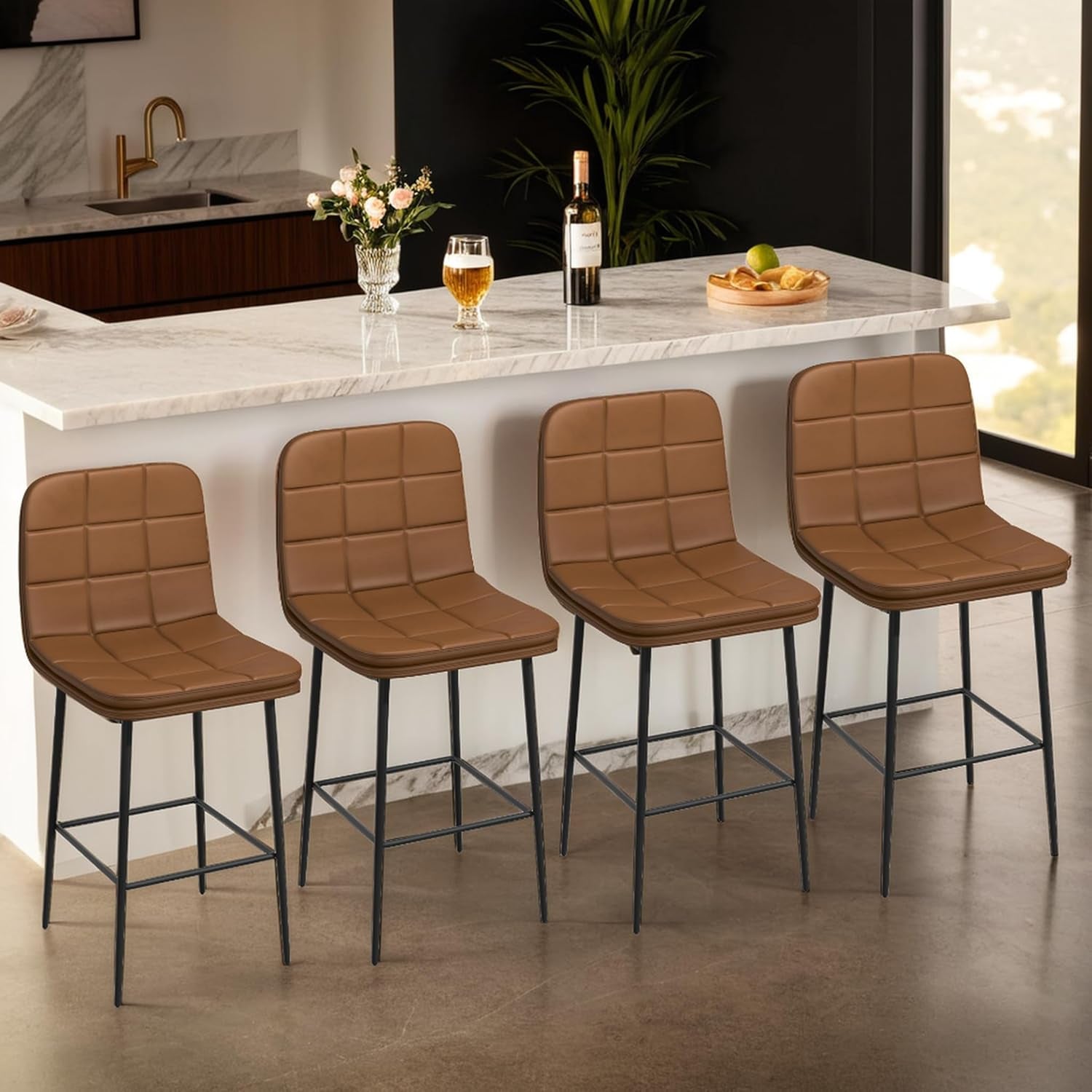 25.6 Inch Counter Height Bar Stool Caramel Brown Checkered Faux Leather Backrest Metal Legs 4 Pack
