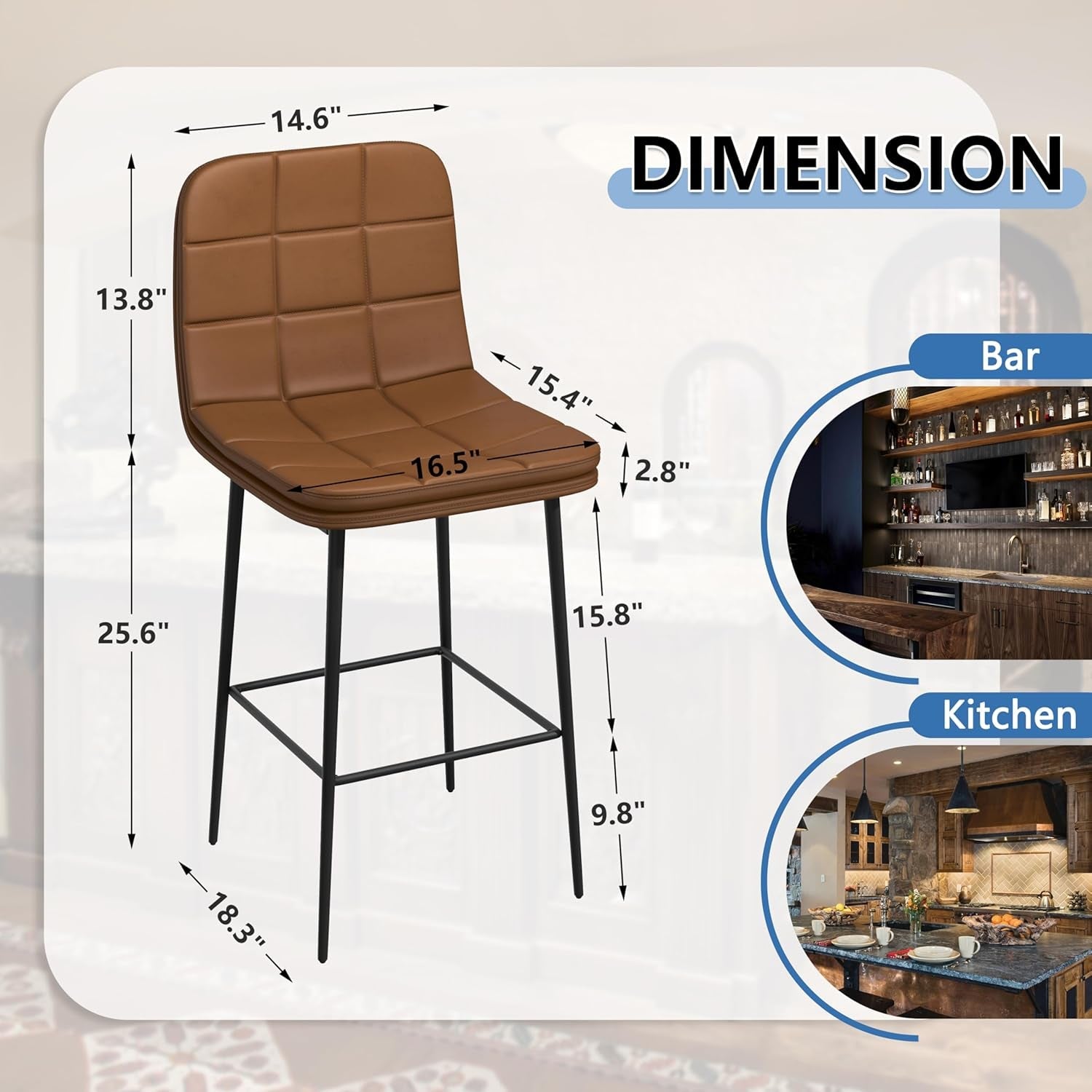 25.6 Inch Counter Height Bar Stool Caramel Brown Checkered Faux Leather Backrest Metal Legs 4 Pack