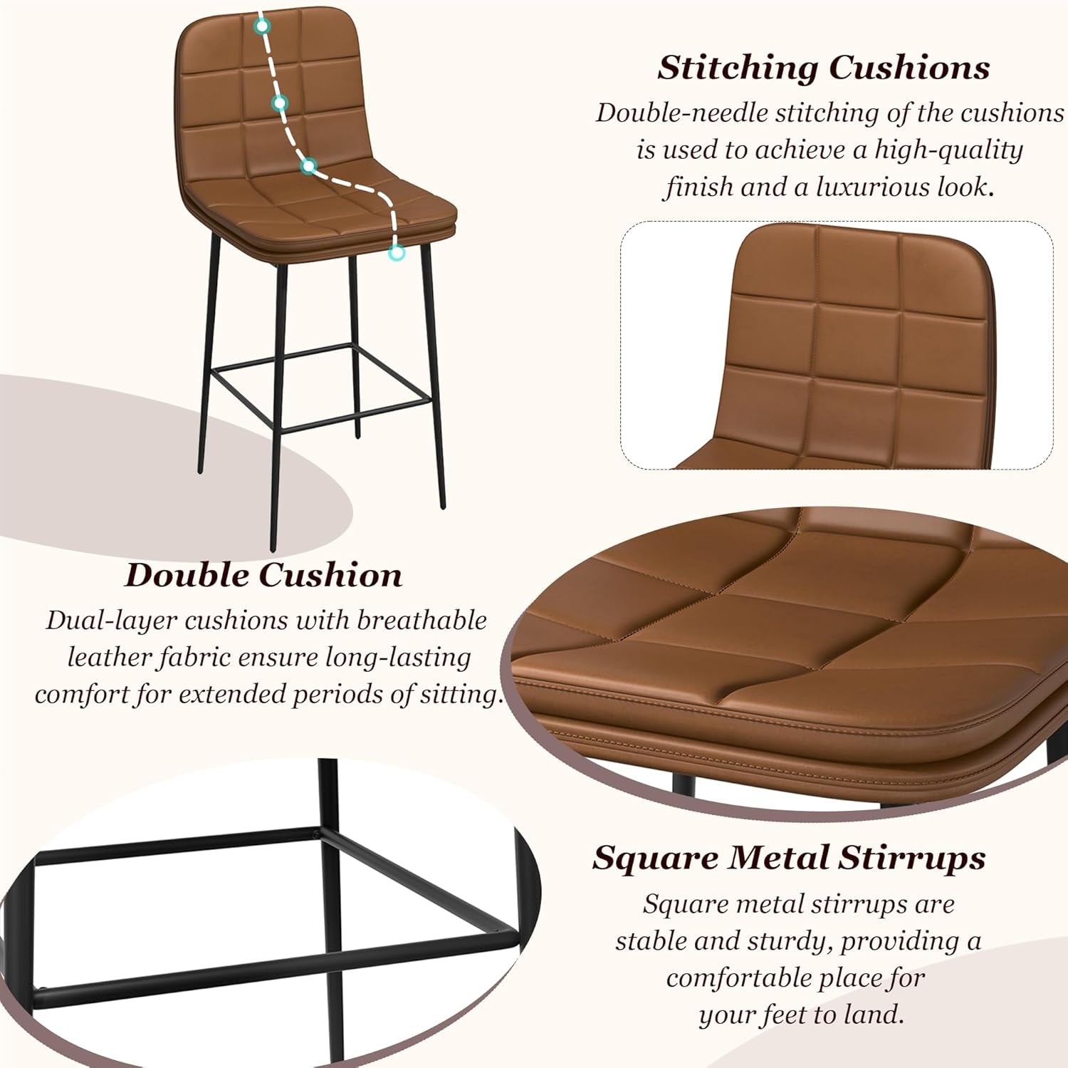 25.6 Inch Counter Height Bar Stool Caramel Brown Checkered Faux Leather Backrest Metal Legs 4 Pack