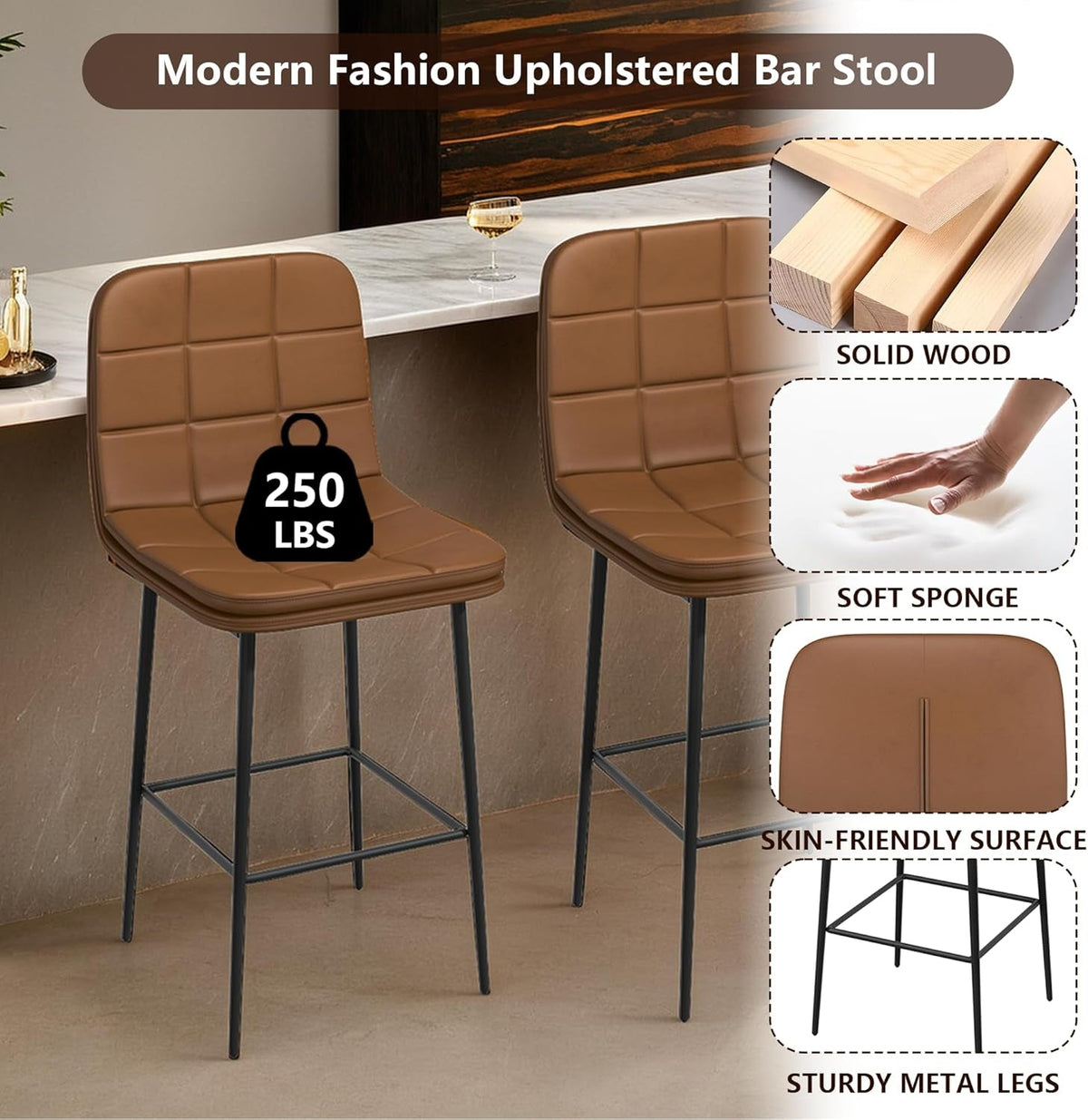 25.6 Inch Counter Height Bar Stool Caramel Brown Checkered Faux Leather Backrest Metal Legs 4 Pack