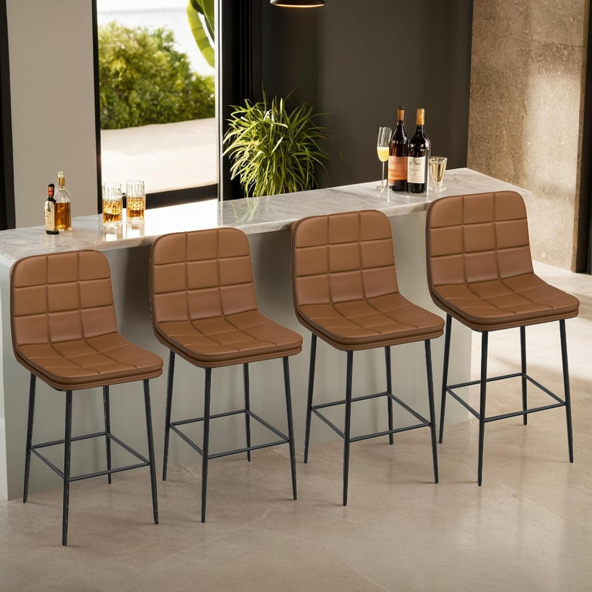 25.6 Inch Counter Height Bar Stool Caramel Brown Checkered Faux Leather Backrest Metal Legs 4 Pack
