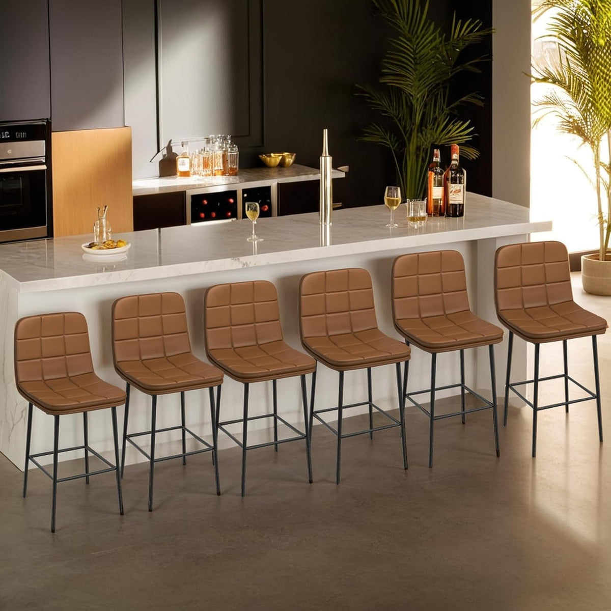 25.6 Inch Counter Height Bar Stool Caramel Brown Checkered Faux Leather Backrest Metal Legs 4 Pack