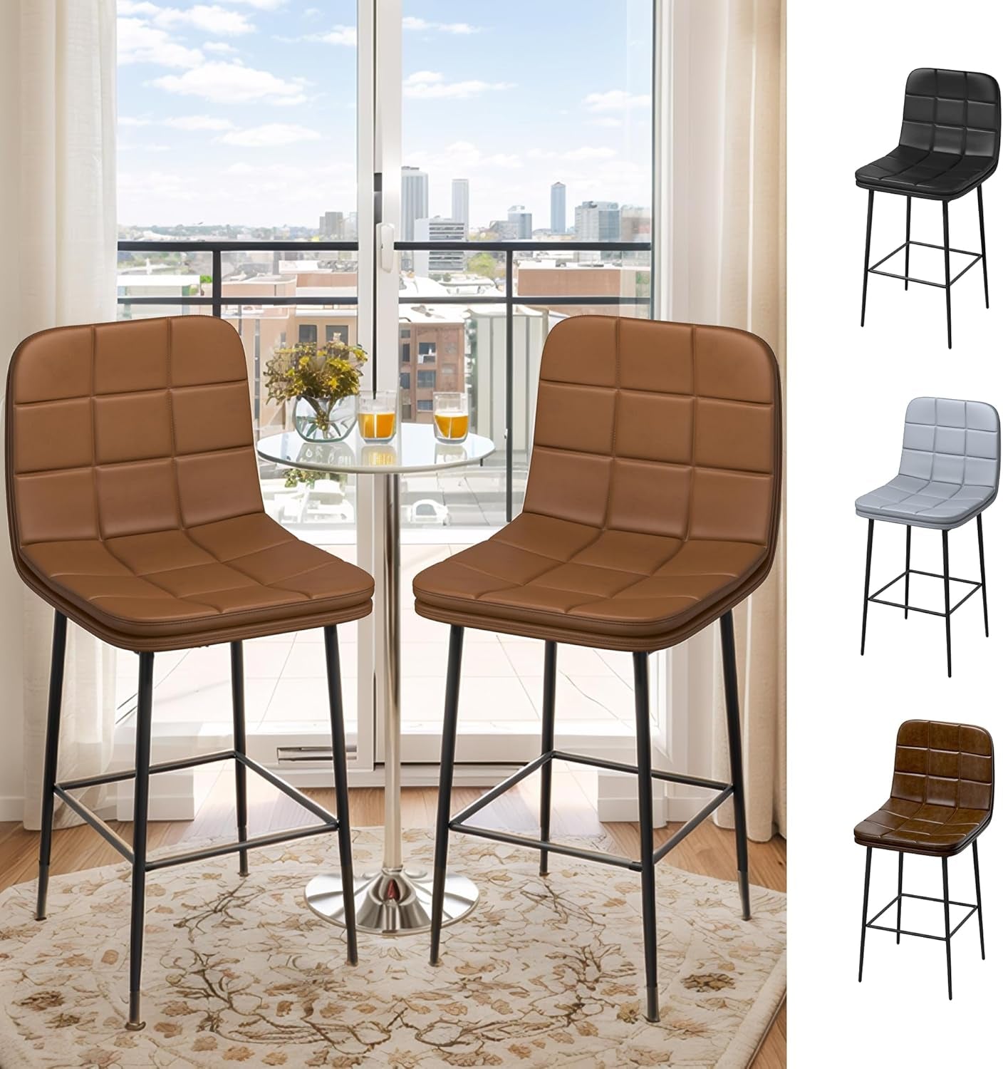 25.6 Inch Counter Height Bar Stool Caramel Brown Checkered Faux Leather Backrest Metal Legs 4 Pack