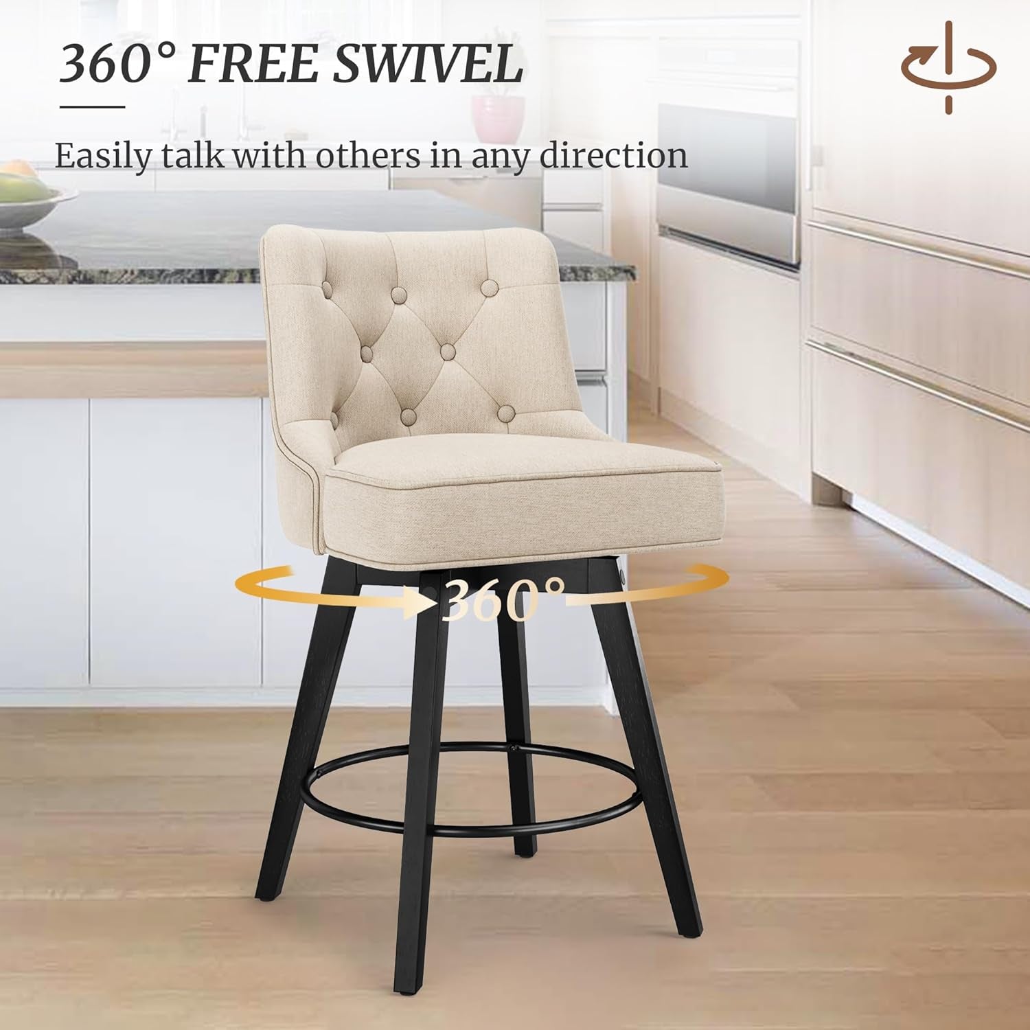26 Inch 360 Degree Swivel Counter Height Bar Stools Set Of 3 With Back Rest Linen Upholstery