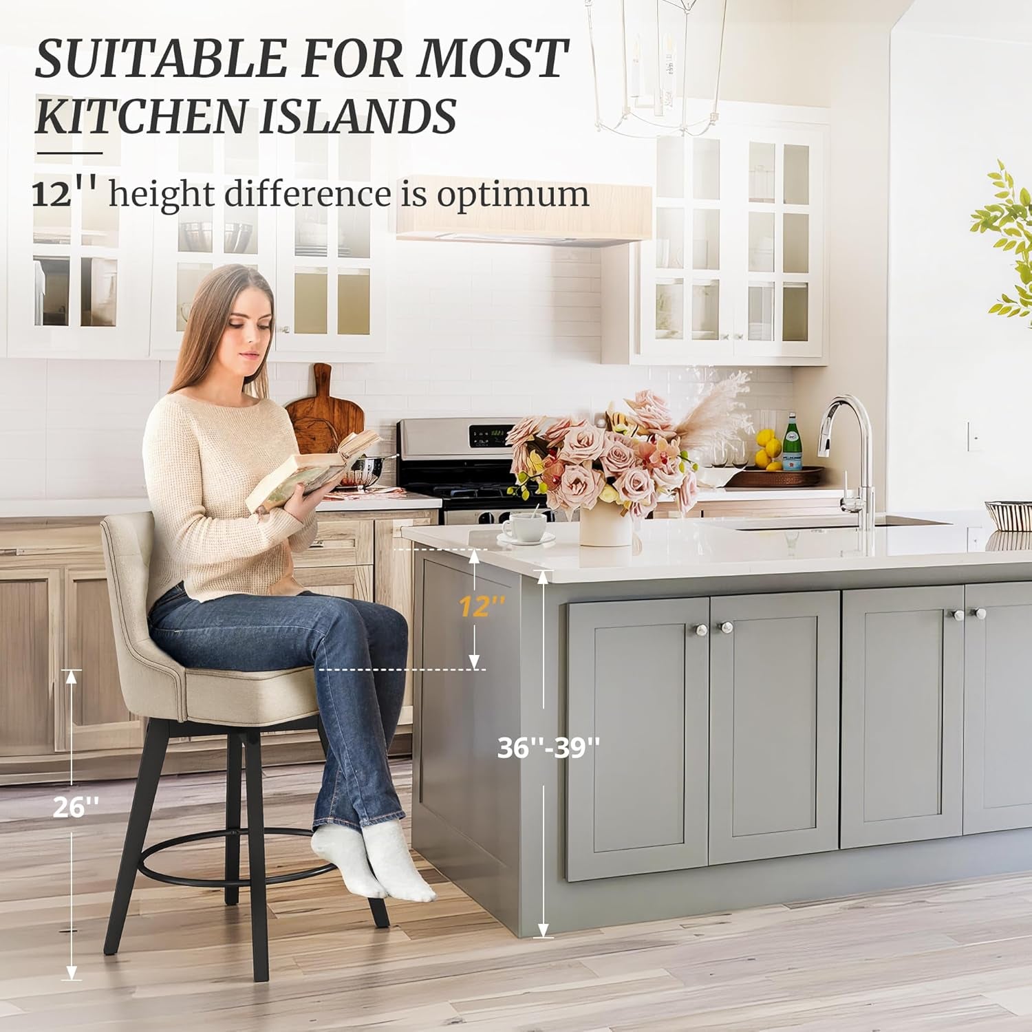 26 Inch 360 Degree Swivel Counter Height Bar Stools Set Of 3 With Back Rest Linen Upholstery