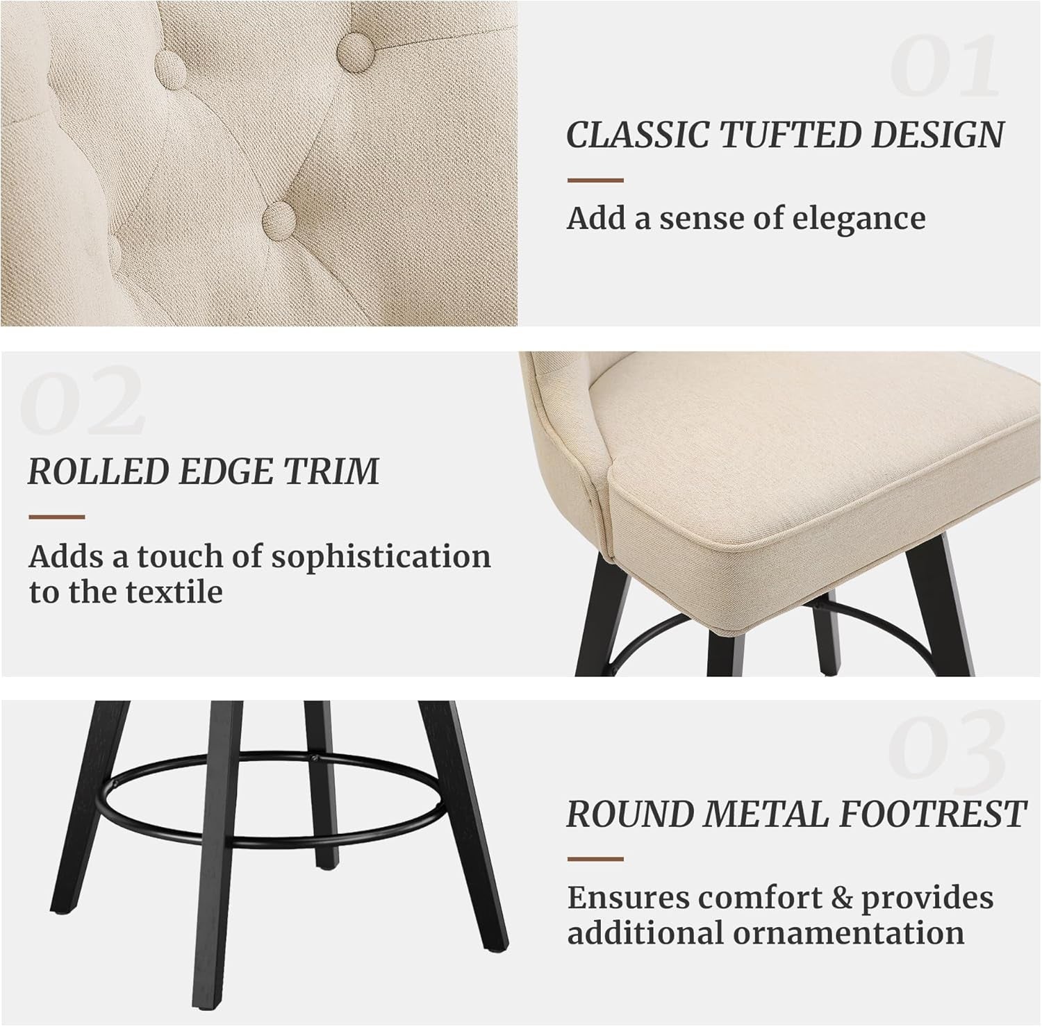 26 Inch 360 Degree Swivel Counter Height Bar Stools Set Of 3 With Back Rest Linen Upholstery
