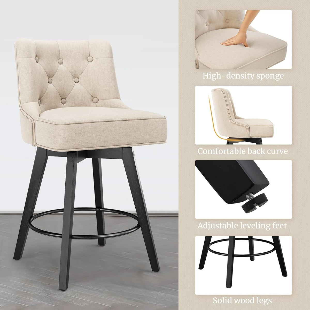 26 Inch 360 Degree Swivel Counter Height Bar Stools Set Of 3 With Back Rest Linen Upholstery