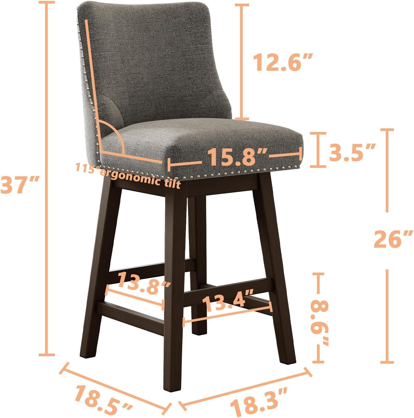 26 Inch Bar Stools Set Of 3 Dark Grey Linen Upholstery Swivel With Back For Kitchen Island Solid Birch Wood Legs