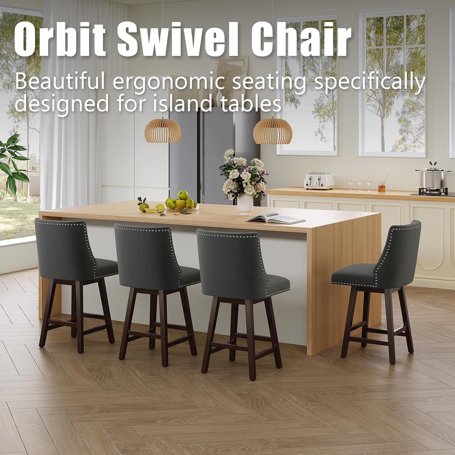 26 Inch Bar Stools Set Of 3 Dark Grey Linen Upholstery Swivel With Back For Kitchen Island Solid Birch Wood Legs