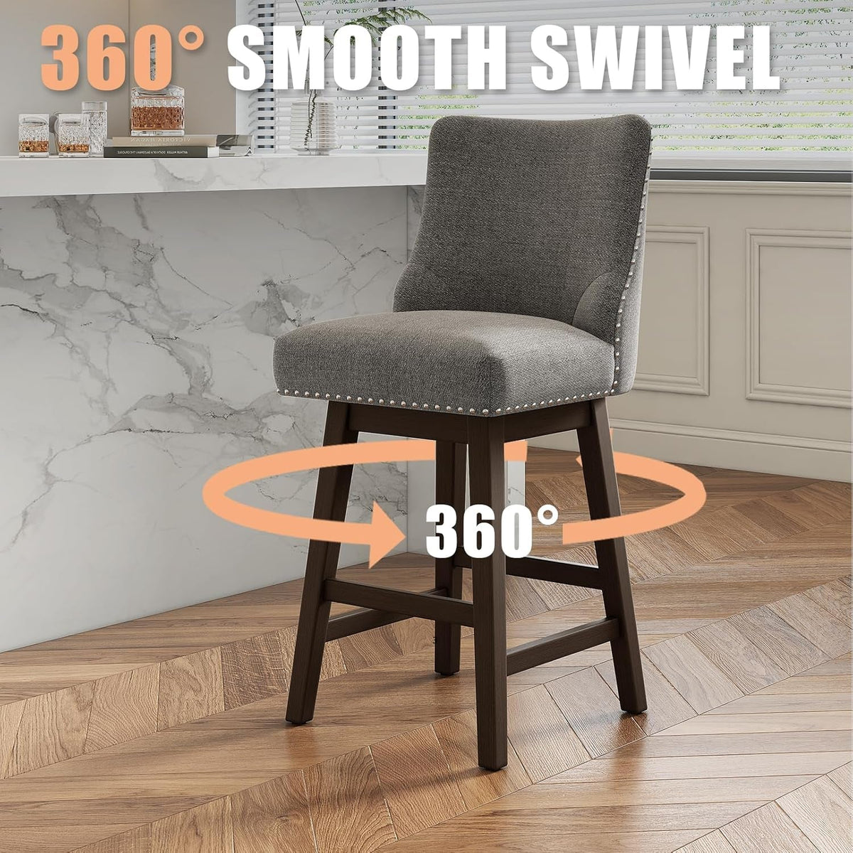 26 Inch Bar Stools Set Of 3 Dark Grey Linen Upholstery Swivel With Back For Kitchen Island Solid Birch Wood Legs