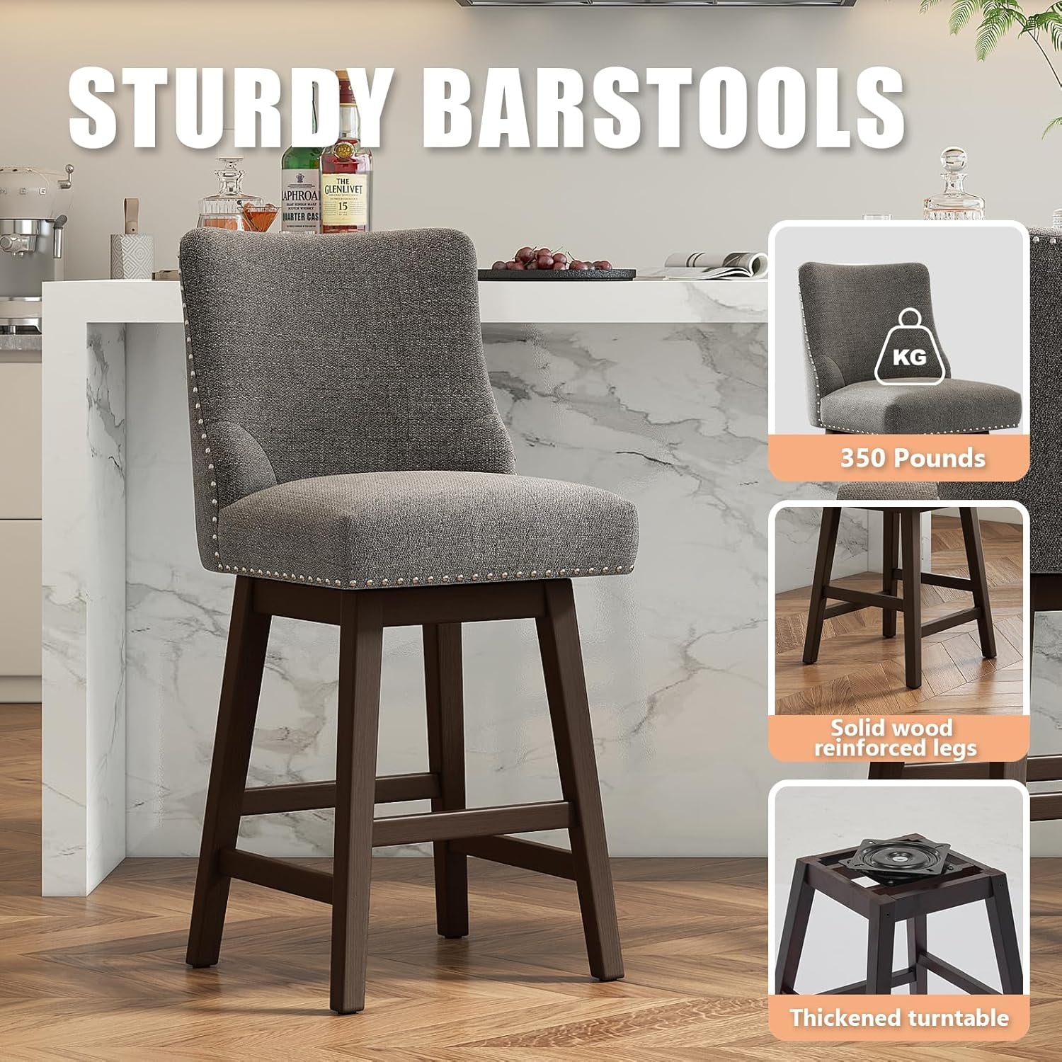 26 Inch Bar Stools Set Of 3 Dark Grey Linen Upholstery Swivel With Back For Kitchen Island Solid Birch Wood Legs