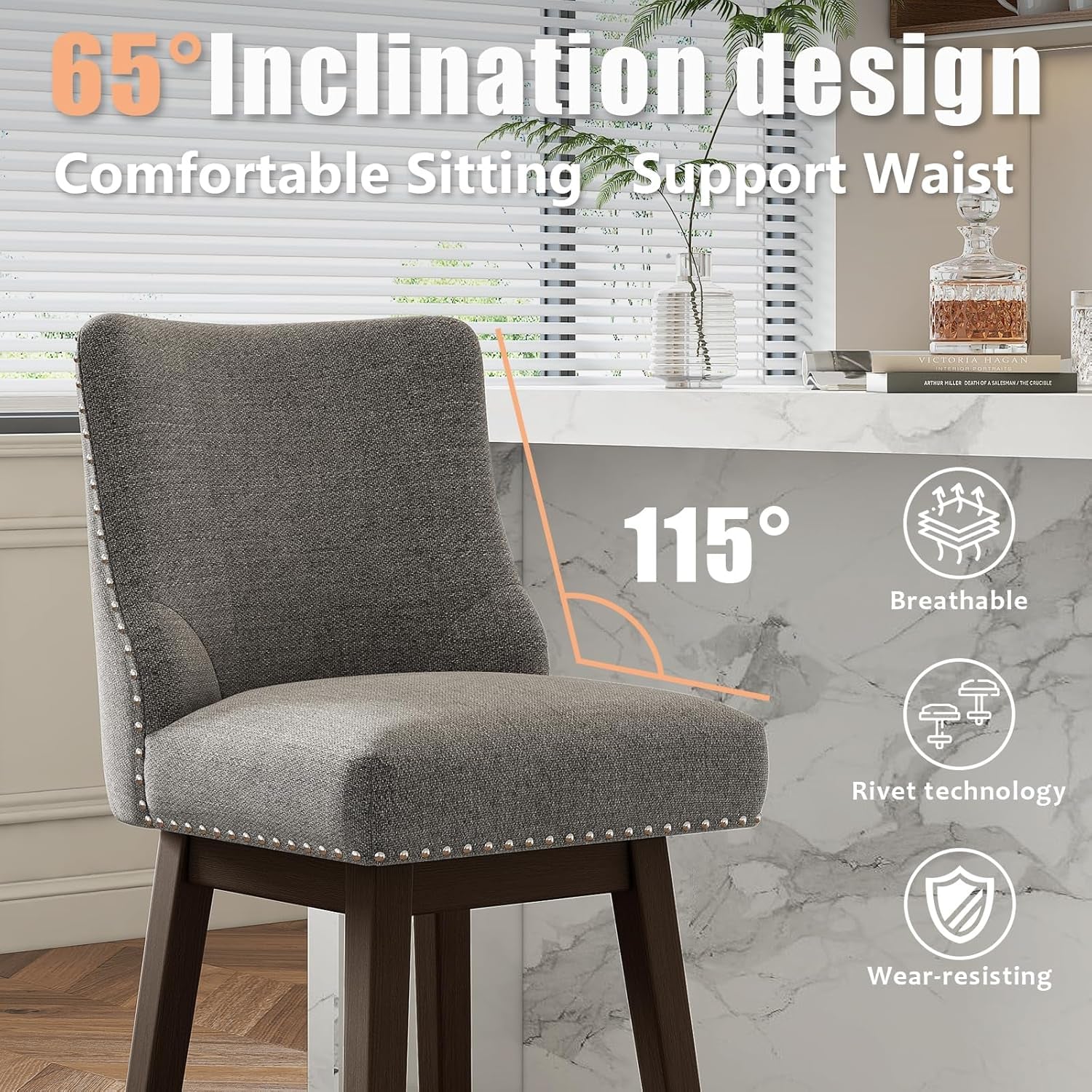 26 Inch Bar Stools Set Of 3 Dark Grey Linen Upholstery Swivel With Back For Kitchen Island Solid Birch Wood Legs