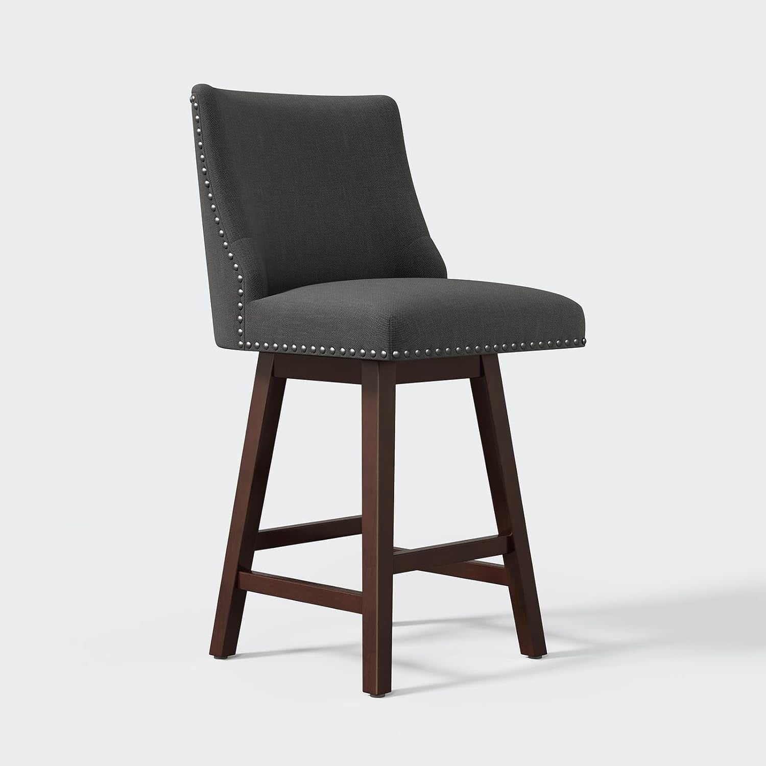 26 Inch Bar Stools Set Of 3 Dark Grey Linen Upholstery Swivel With Back For Kitchen Island Solid Birch Wood Legs