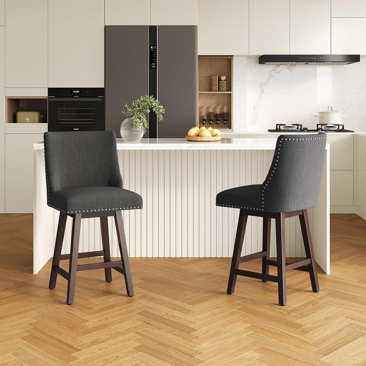 26 Inch Bar Stools Set Of 3 Dark Grey Linen Upholstery Swivel With Back For Kitchen Island Solid Birch Wood Legs
