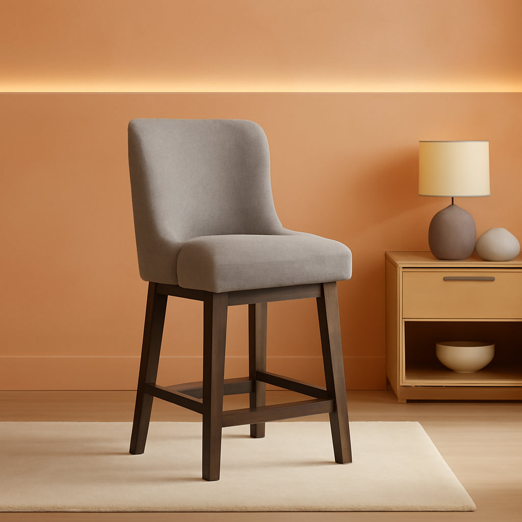 26 Inch Bar Stools Set Of 3 Dark Grey Linen Upholstery Swivel With Back For Kitchen Island Solid Birch Wood Legs