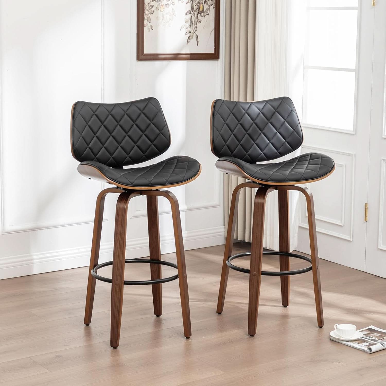 26 Inch Black Bar Stools Set Of 2 Mid Century Modern Counter Height For Kitchen Island Dining Room Cafe