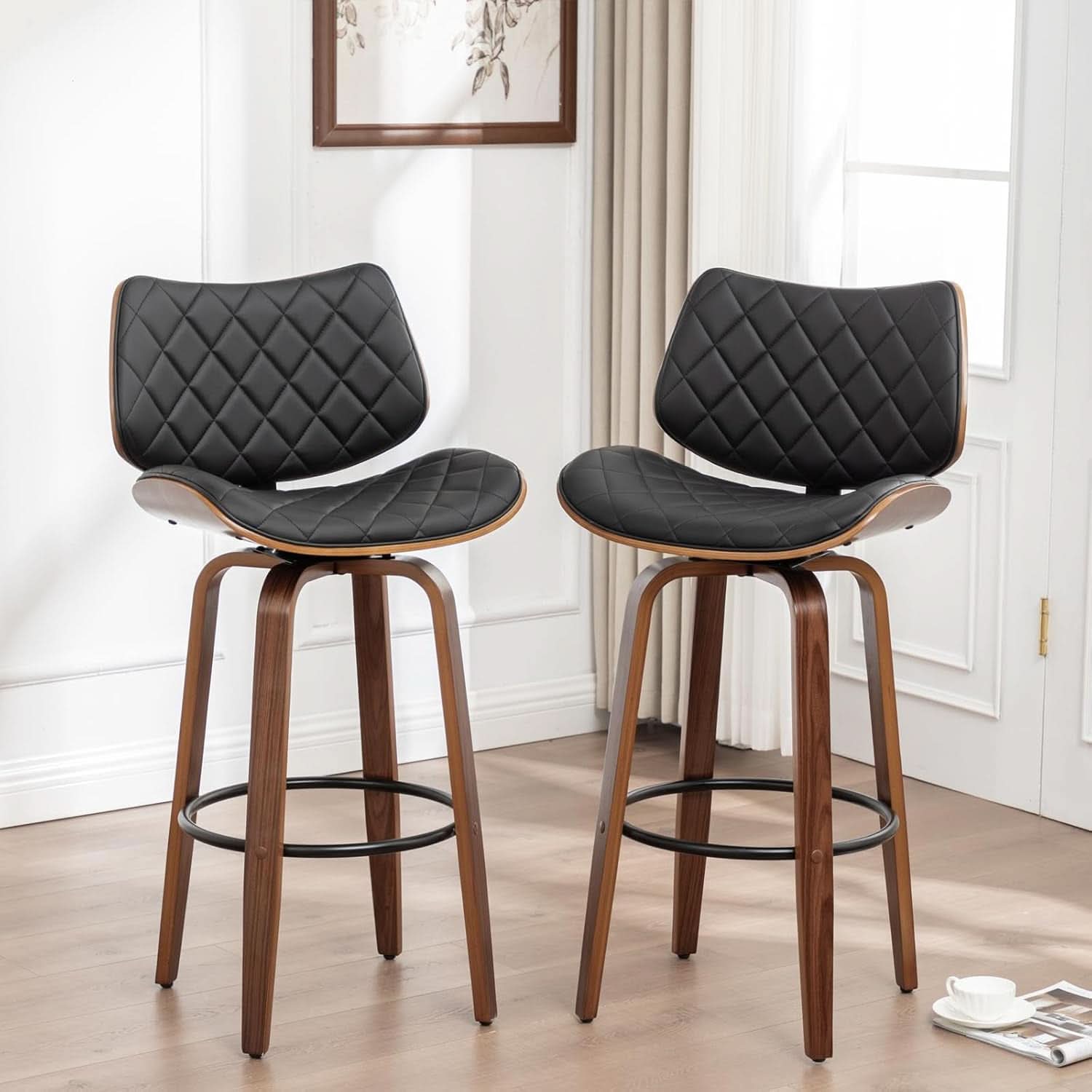 26 Inch Black Bar Stools Set Of 2 Mid Century Modern Counter Height For Kitchen Island Dining Room Cafe