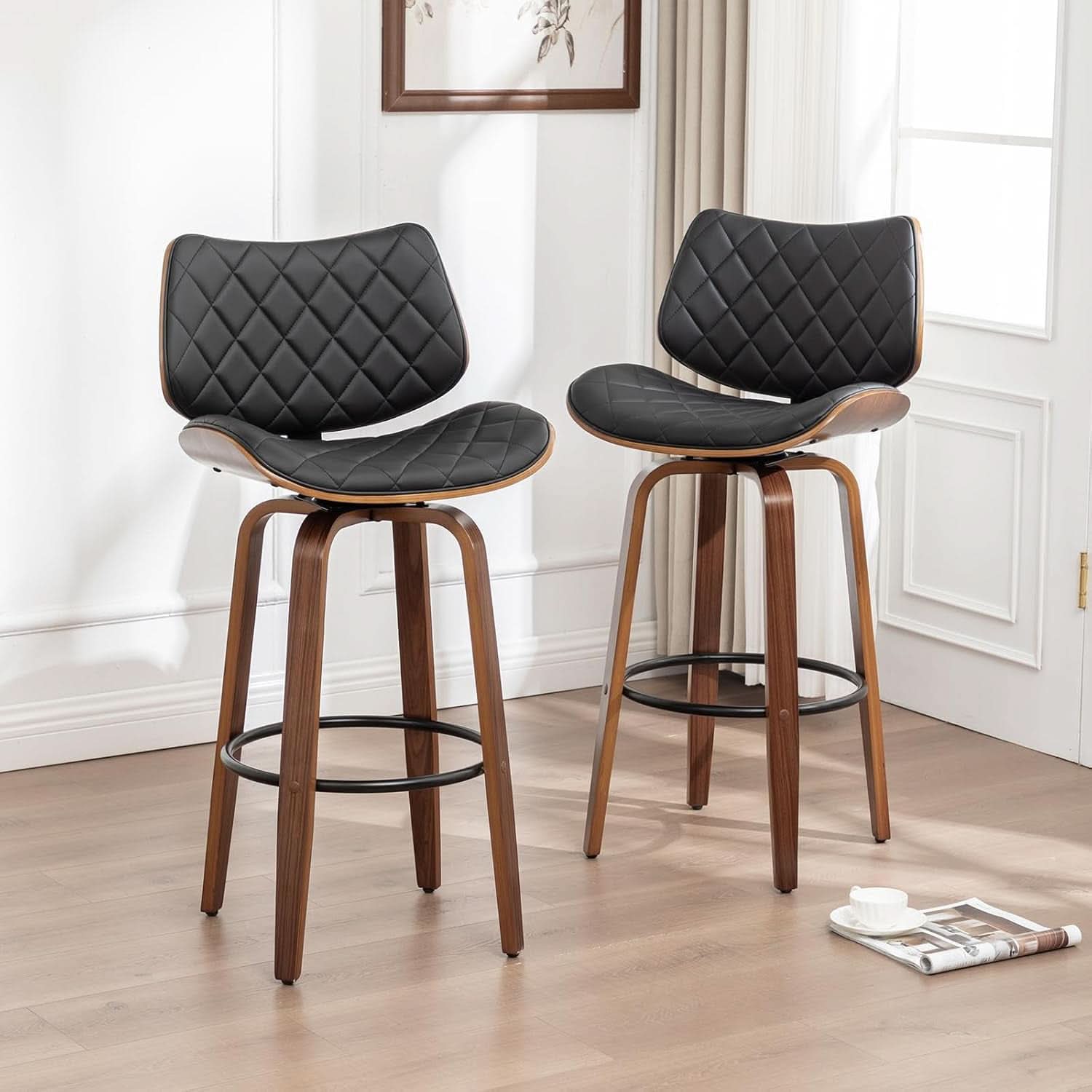 26 Inch Black Bar Stools Set Of 2 Mid Century Modern Counter Height For Kitchen Island Dining Room Cafe