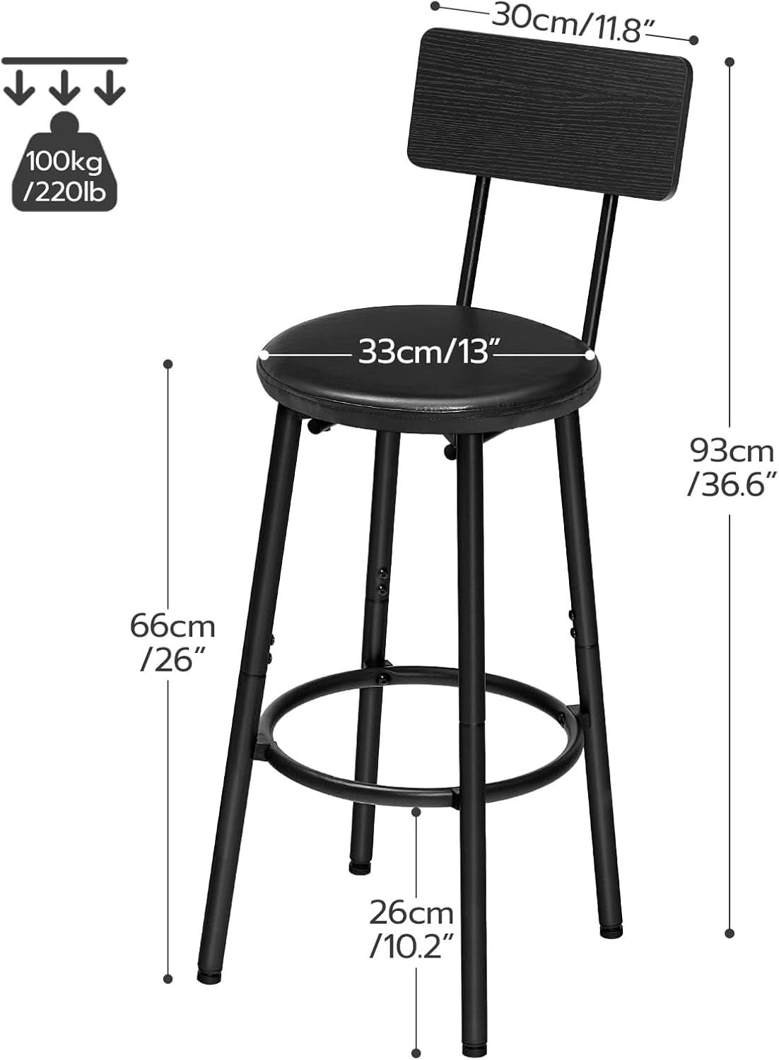 26 Inch Black PU Upholstered Bar Stools Set Of 2 With Back And Footrest