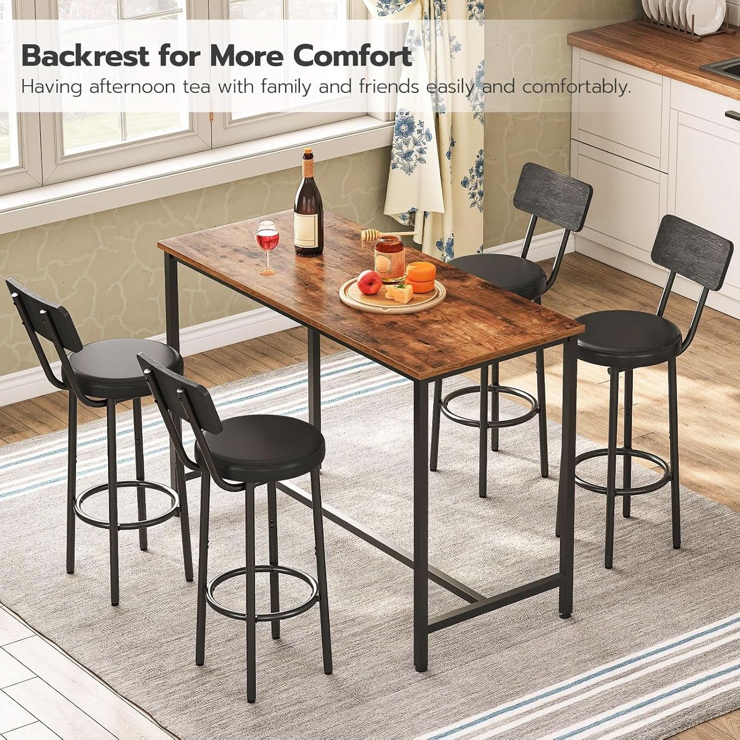 26 Inch Black PU Upholstered Bar Stools Set Of 2 With Back And Footrest
