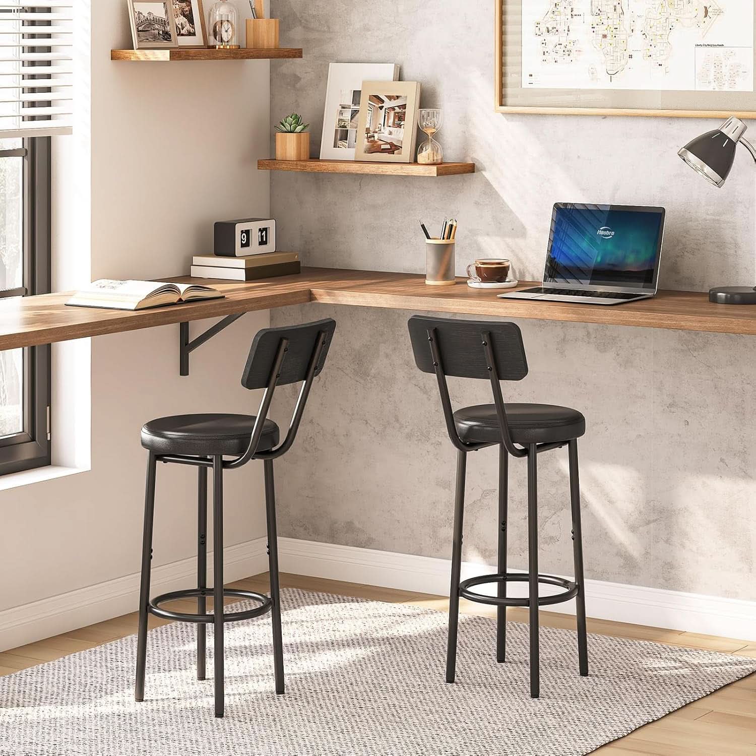 26 Inch Black PU Upholstered Bar Stools Set Of 2 With Back And Footrest