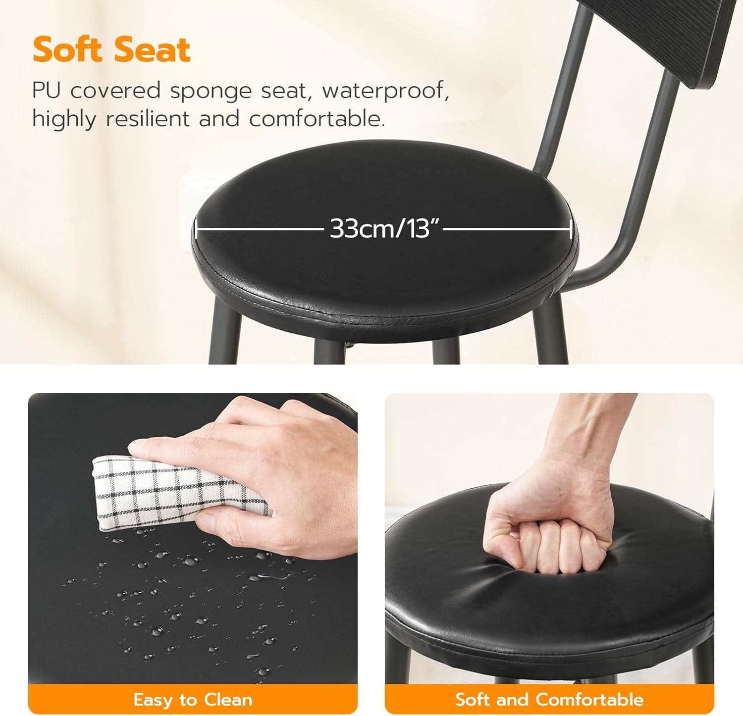 26 Inch Black PU Upholstered Bar Stools Set Of 2 With Back And Footrest